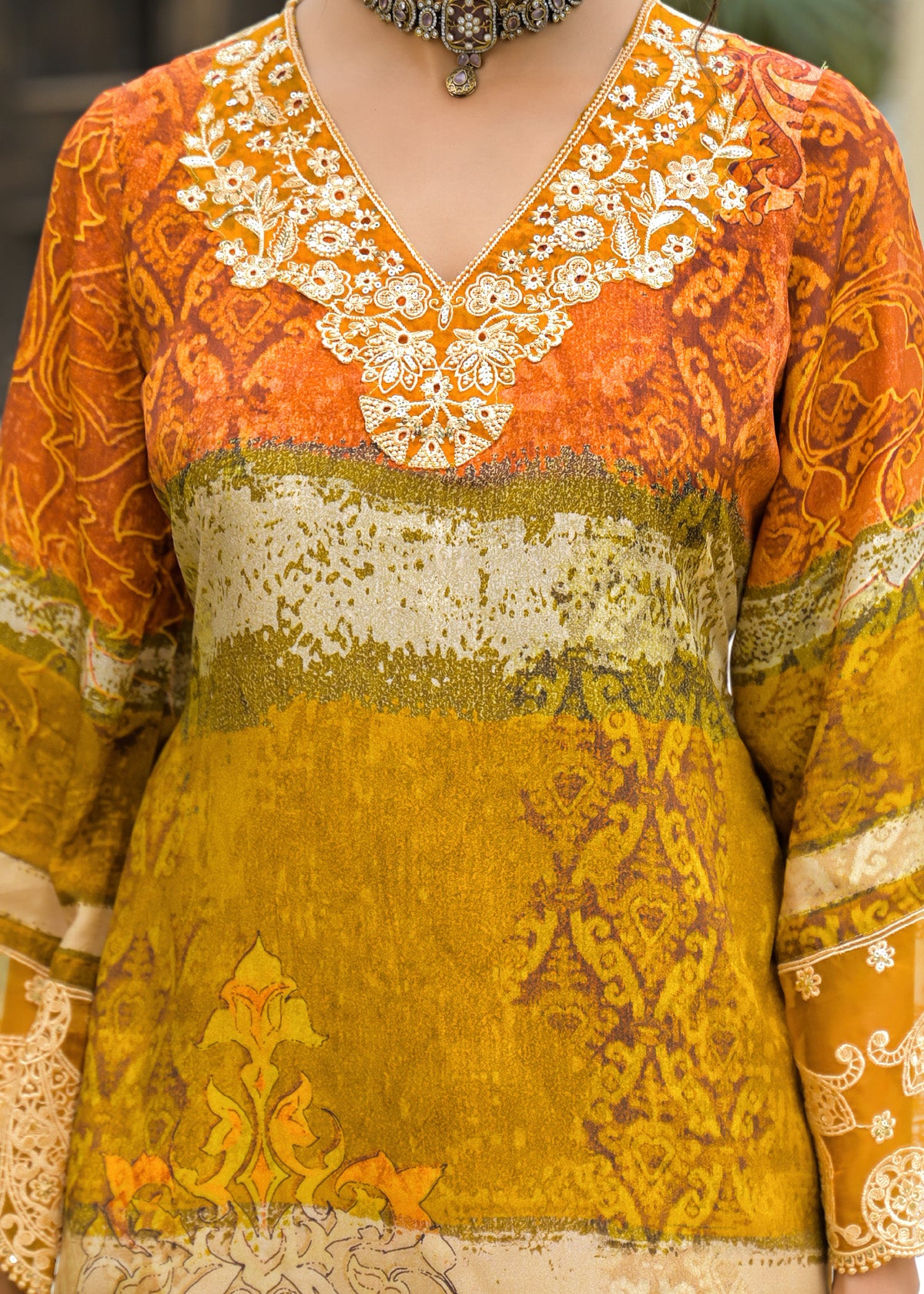 Mustard Crepe Silk Embroidered Straight Cut Suit Set | Bairaas