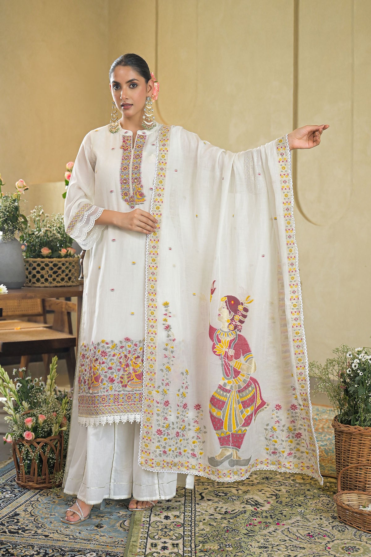 White Jamdani Silk Embroidered Pakistani Suit
