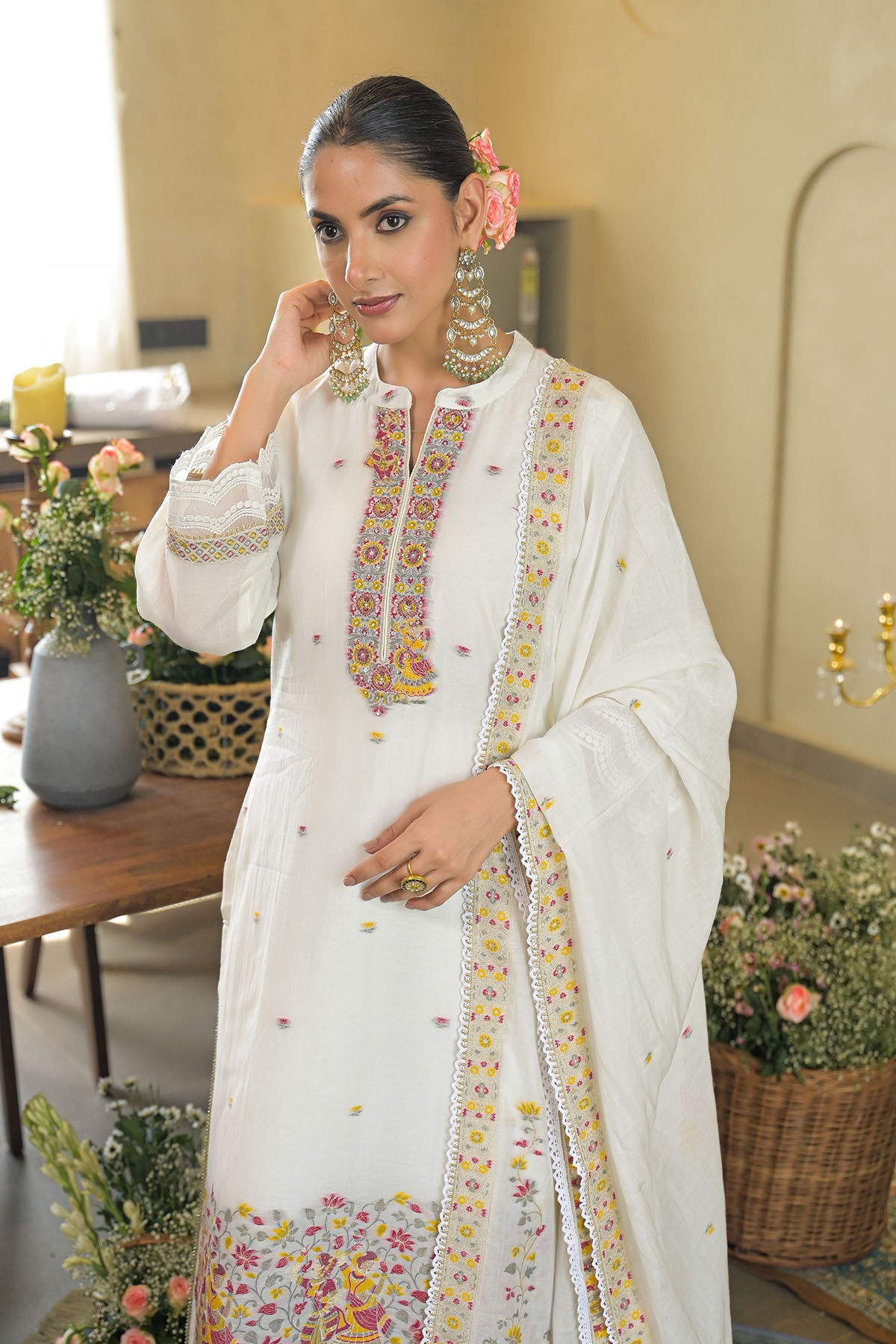 White Jamdani Silk Embroidered Pakistani Suit
