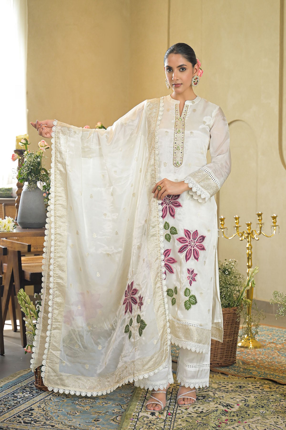 Off White Jamdani Silk Embroidered Pakistani Suit