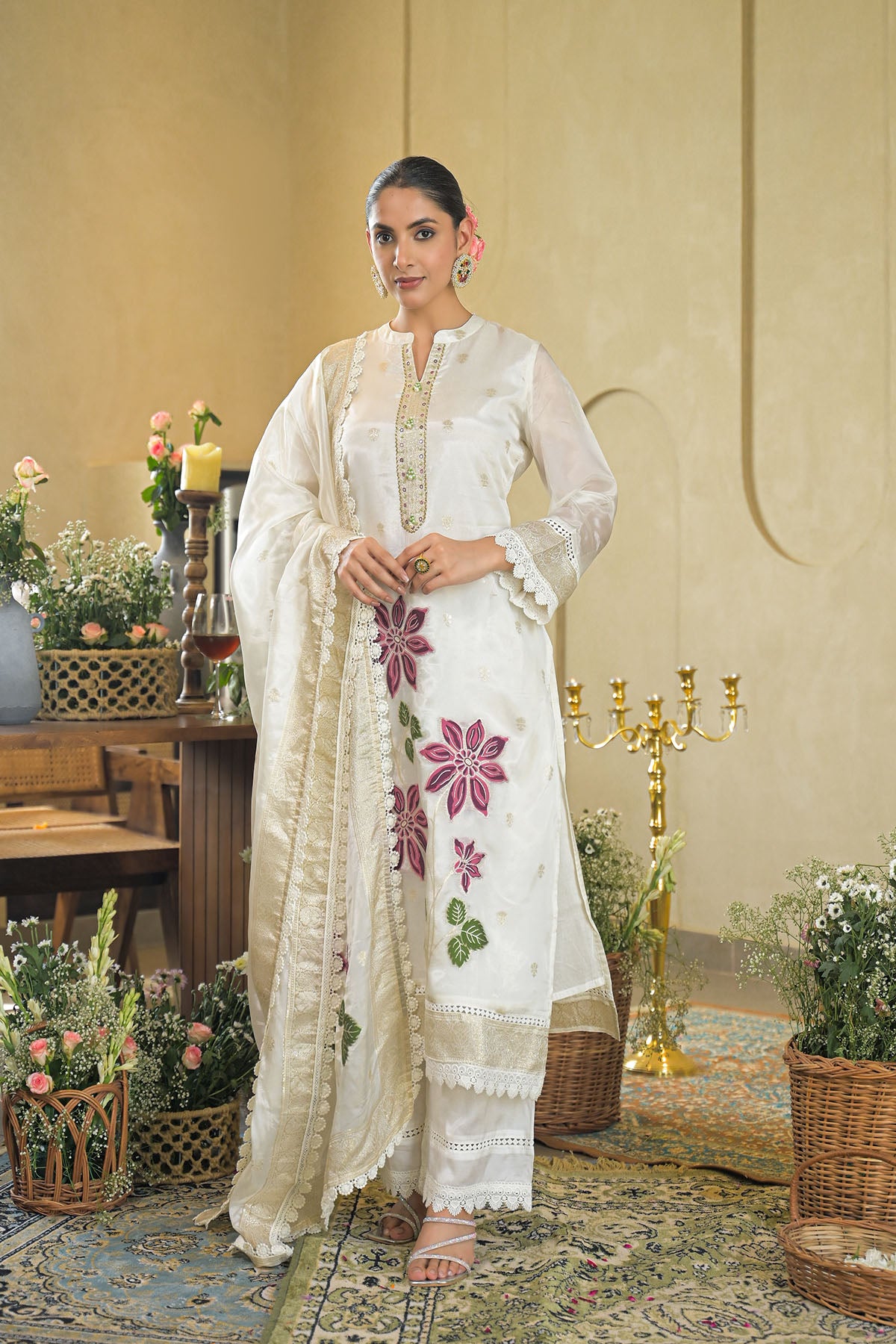 Off White Jamdani Silk Embroidered Pakistani Suit