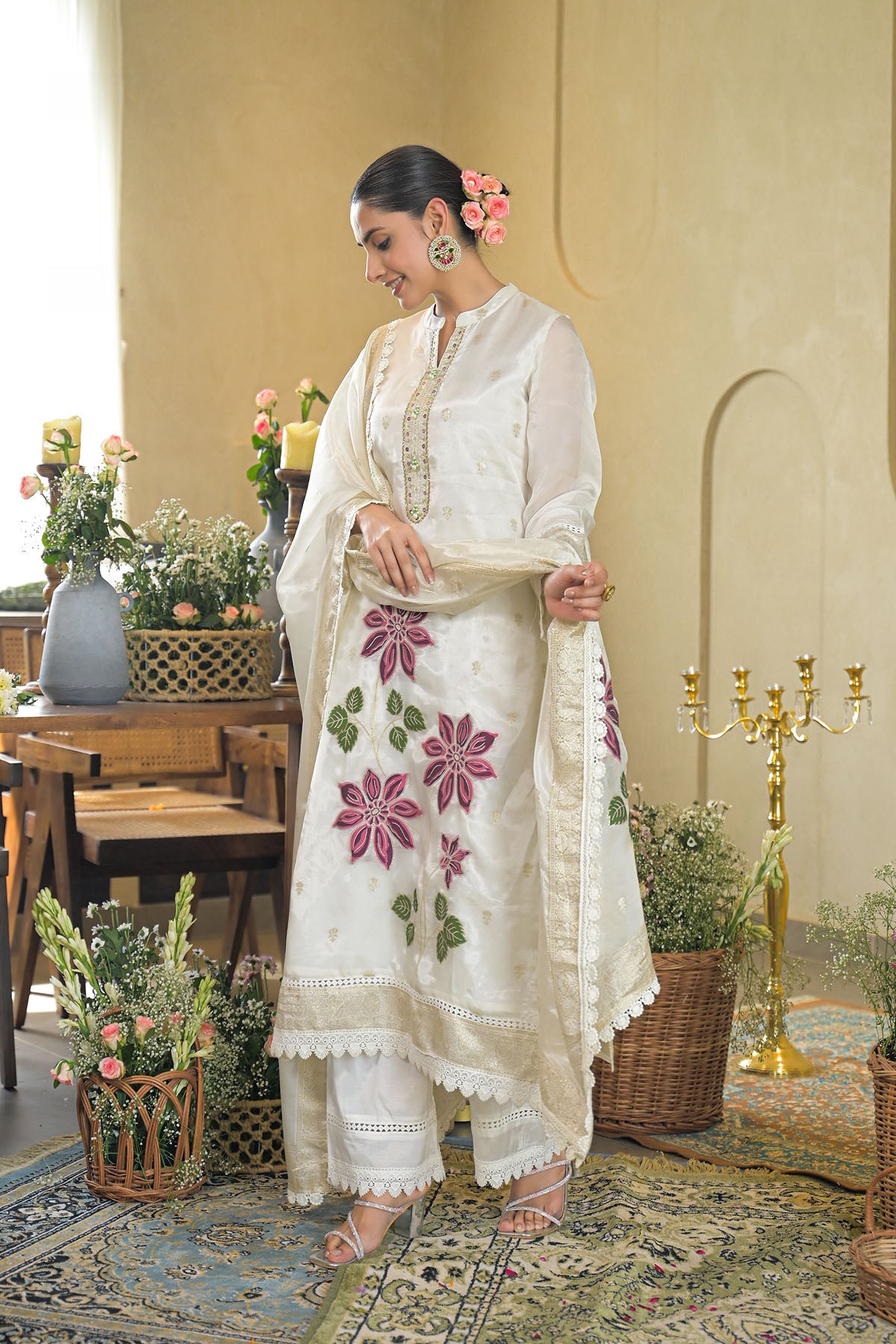 Off White Jamdani Silk Embroidered Pakistani Suit