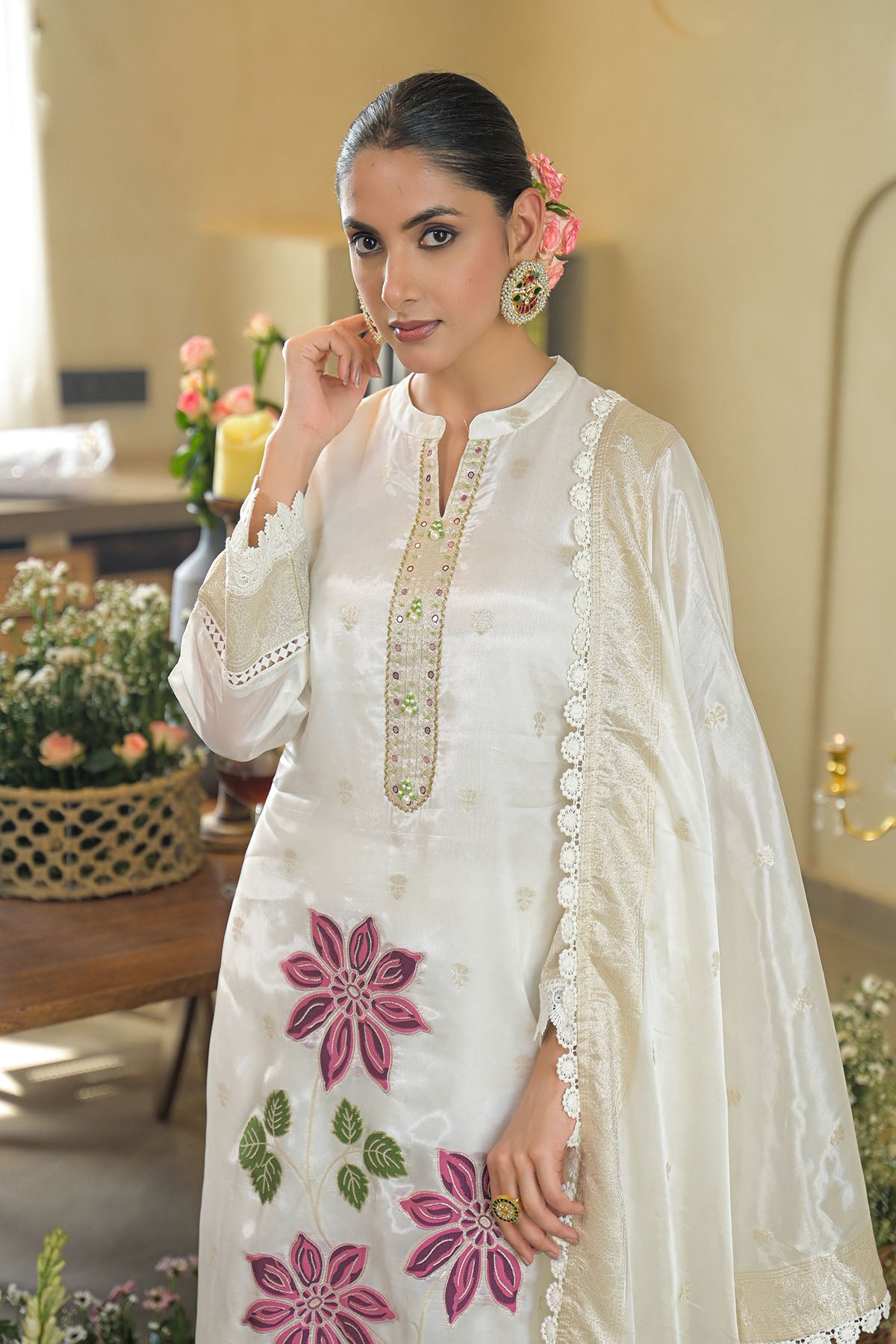 Off White Jamdani Silk Embroidered Pakistani Suit