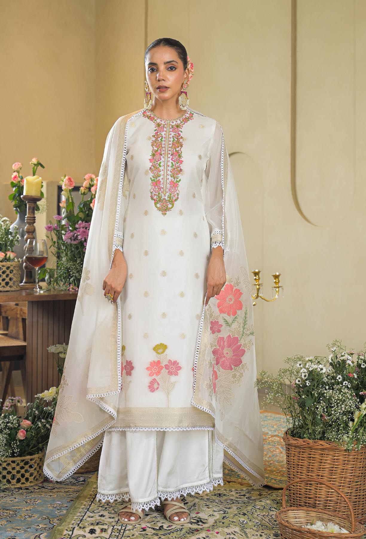White Jamdani Silk Embroidered Straight Cut Suit Set | Bairaas