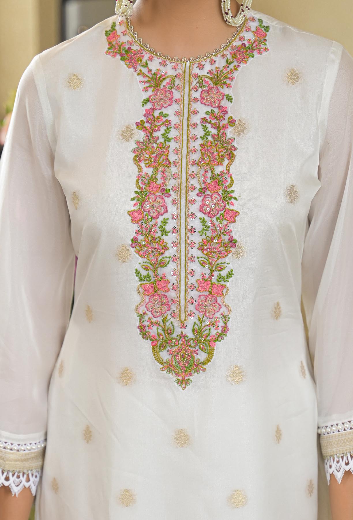 White Jamdani Silk Embroidered Straight Cut Suit Set | Bairaas