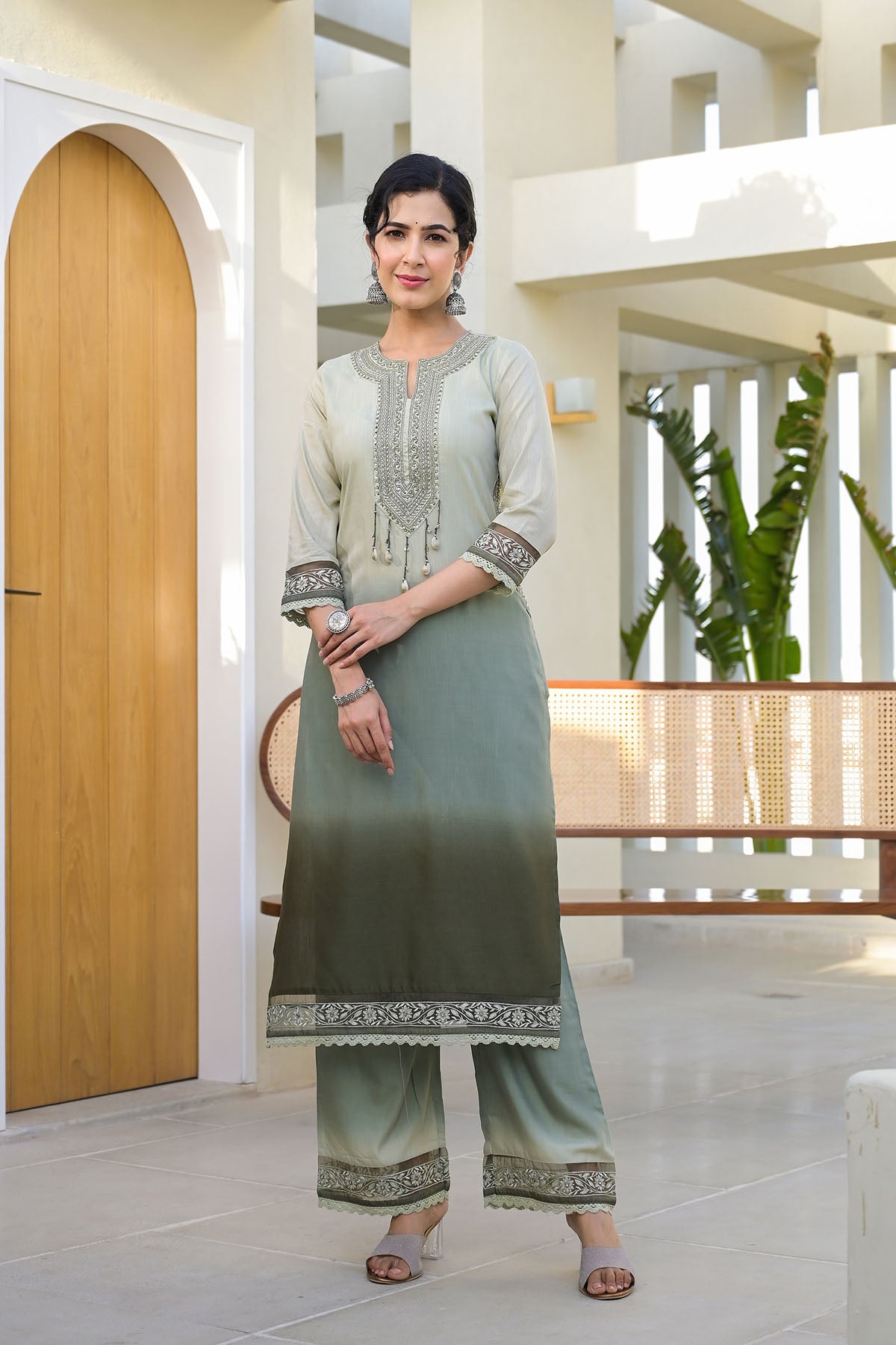 Green Ombre Rayon Handwork Stright Suit
