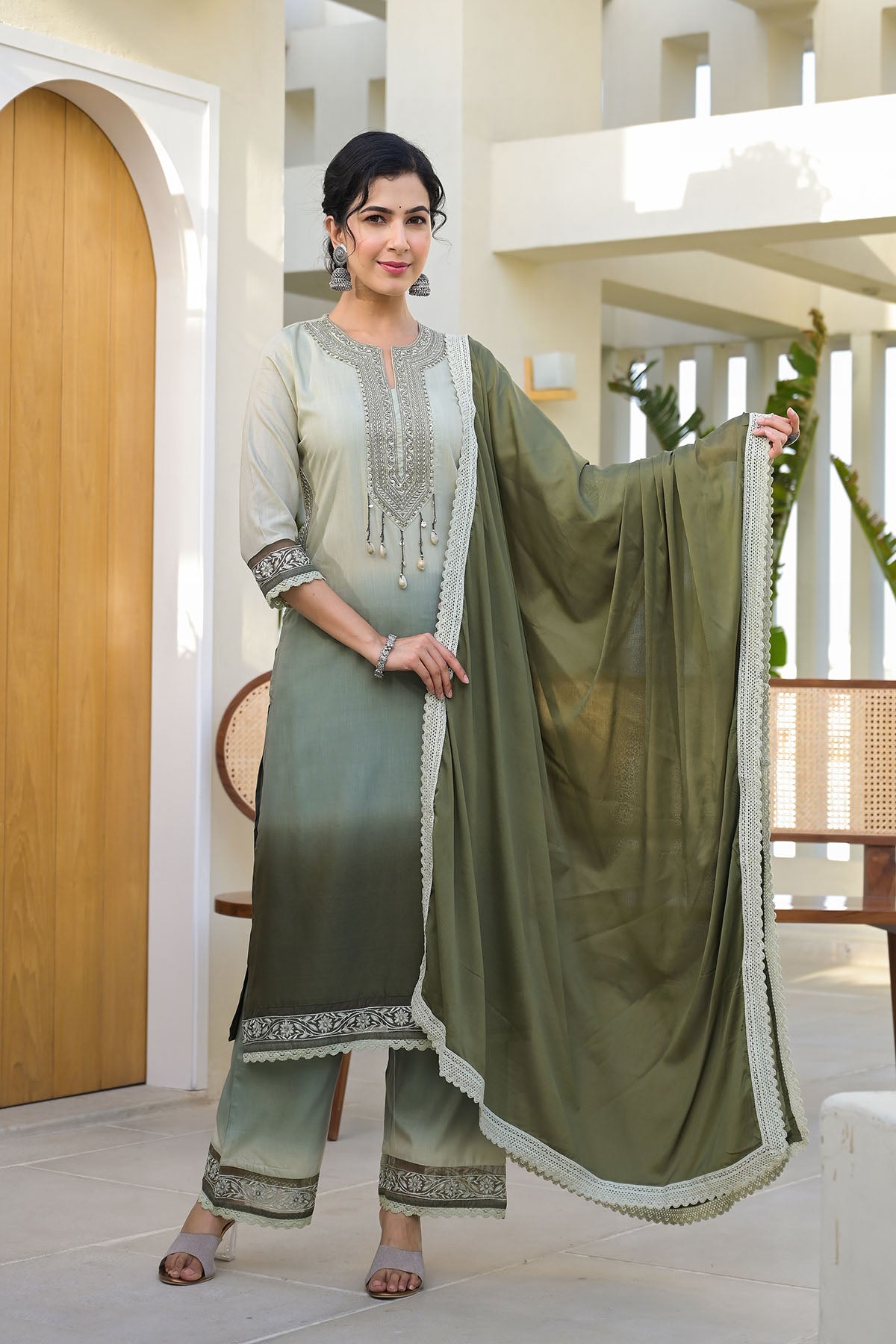 Green Ombre Rayon Handwork Stright Suit