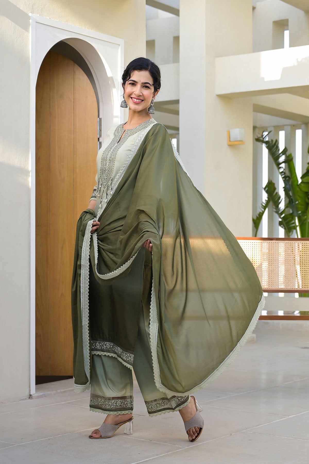 Green Ombre Rayon Handwork Stright Suit