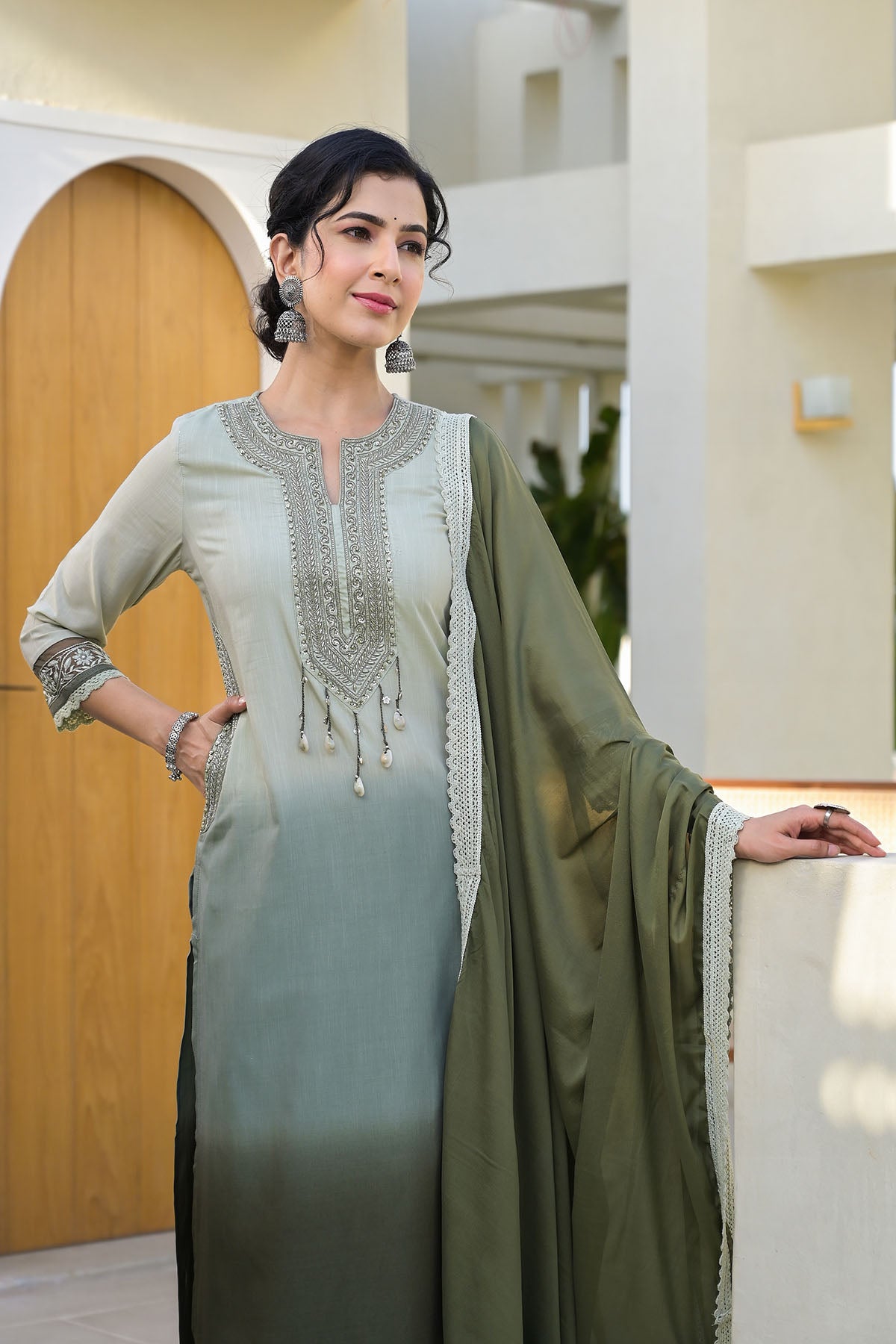 Green Ombre Rayon Handwork Stright Suit