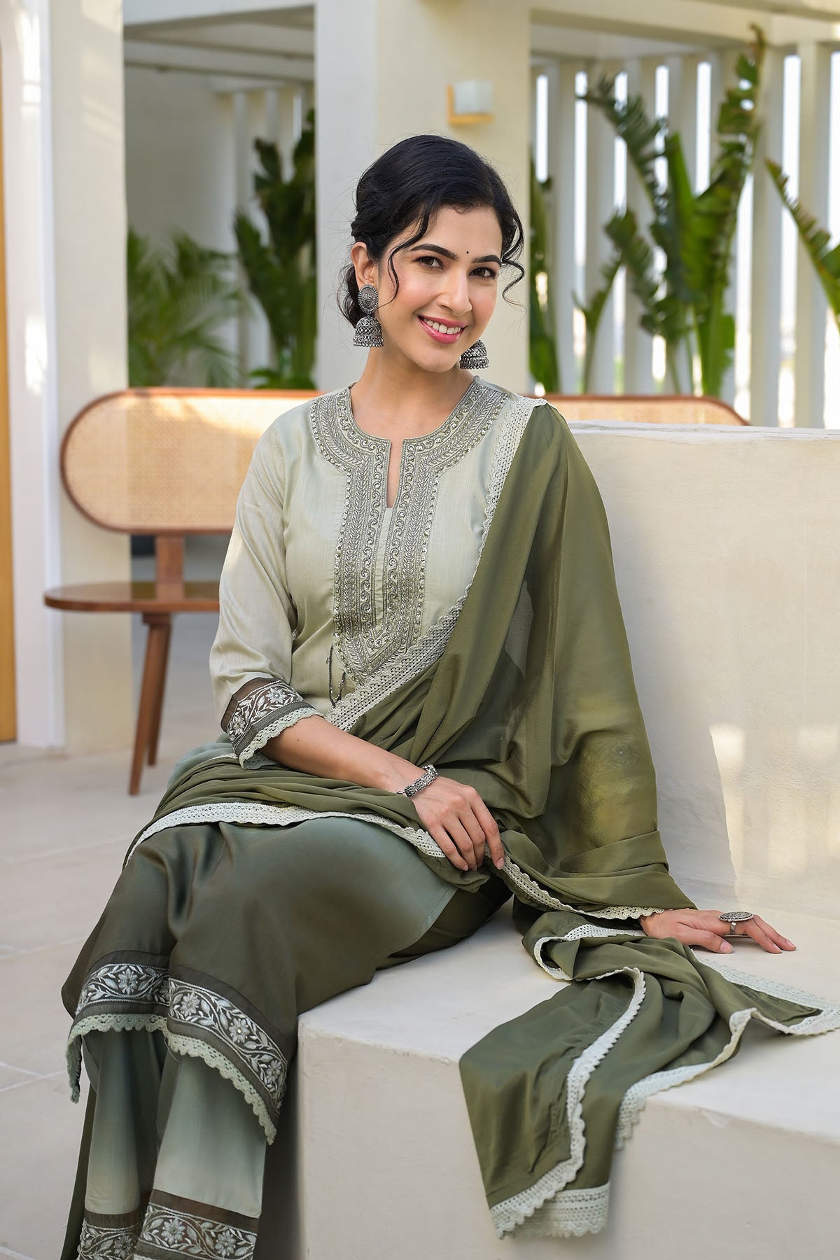 Green Ombre Rayon Handwork Stright Suit