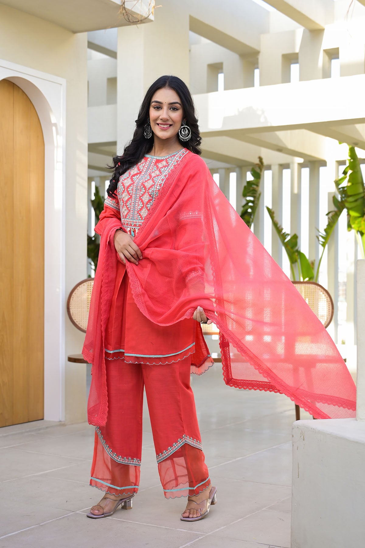 Red Cotton Embroidered Straight Suit