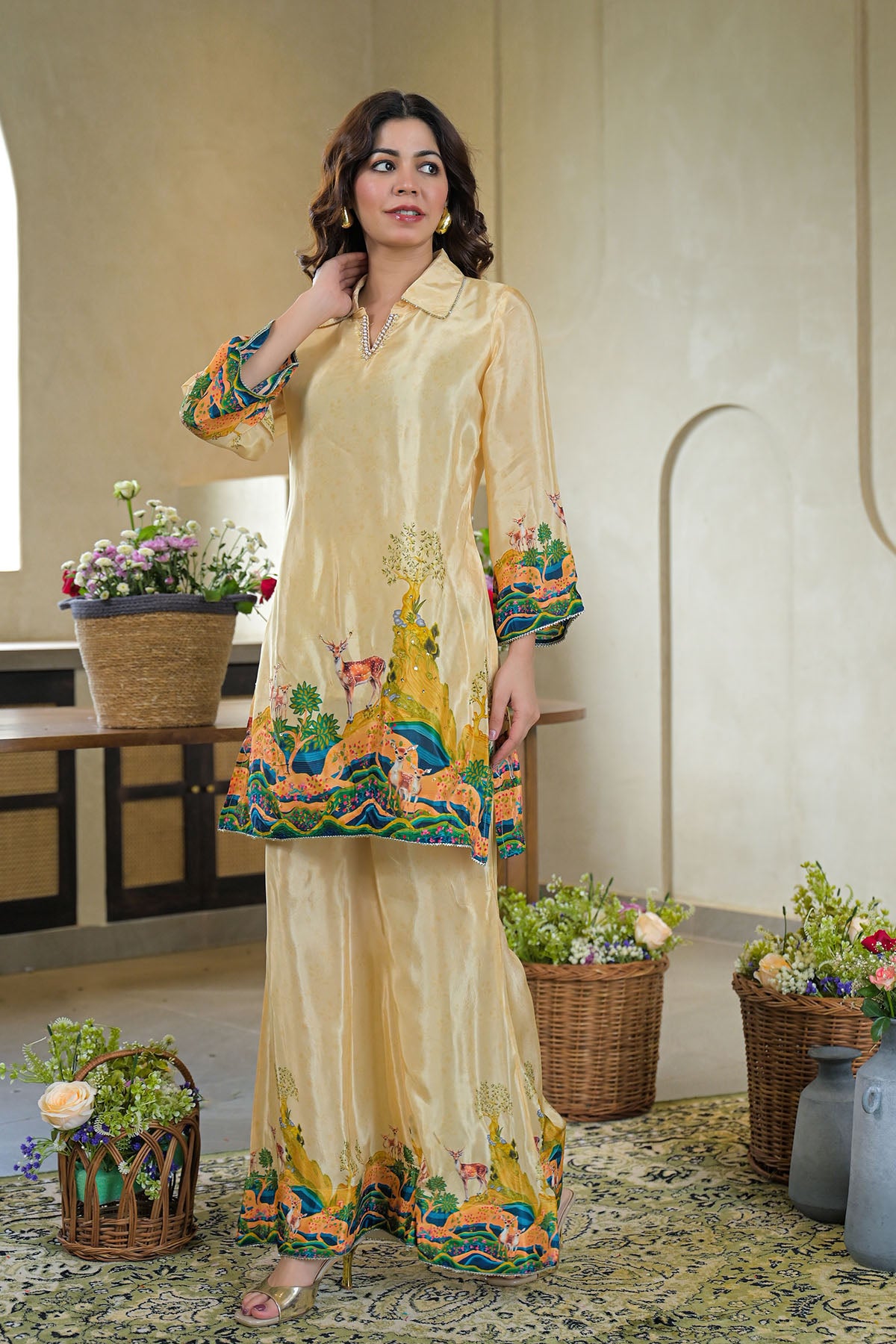 Beige Crepe Printed Co-Ord Set