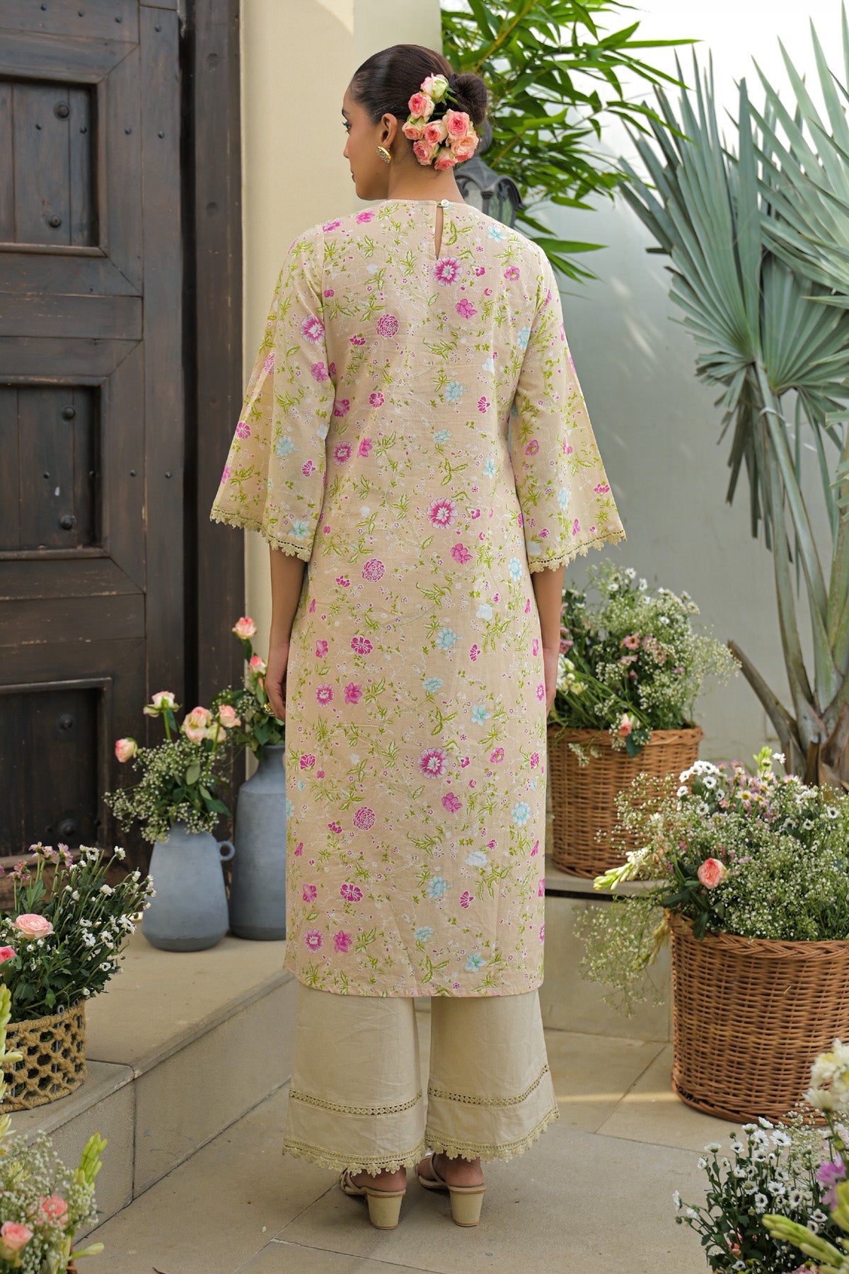Peach Cotton Embroidered Straight Cut Suit Set | Bairaas