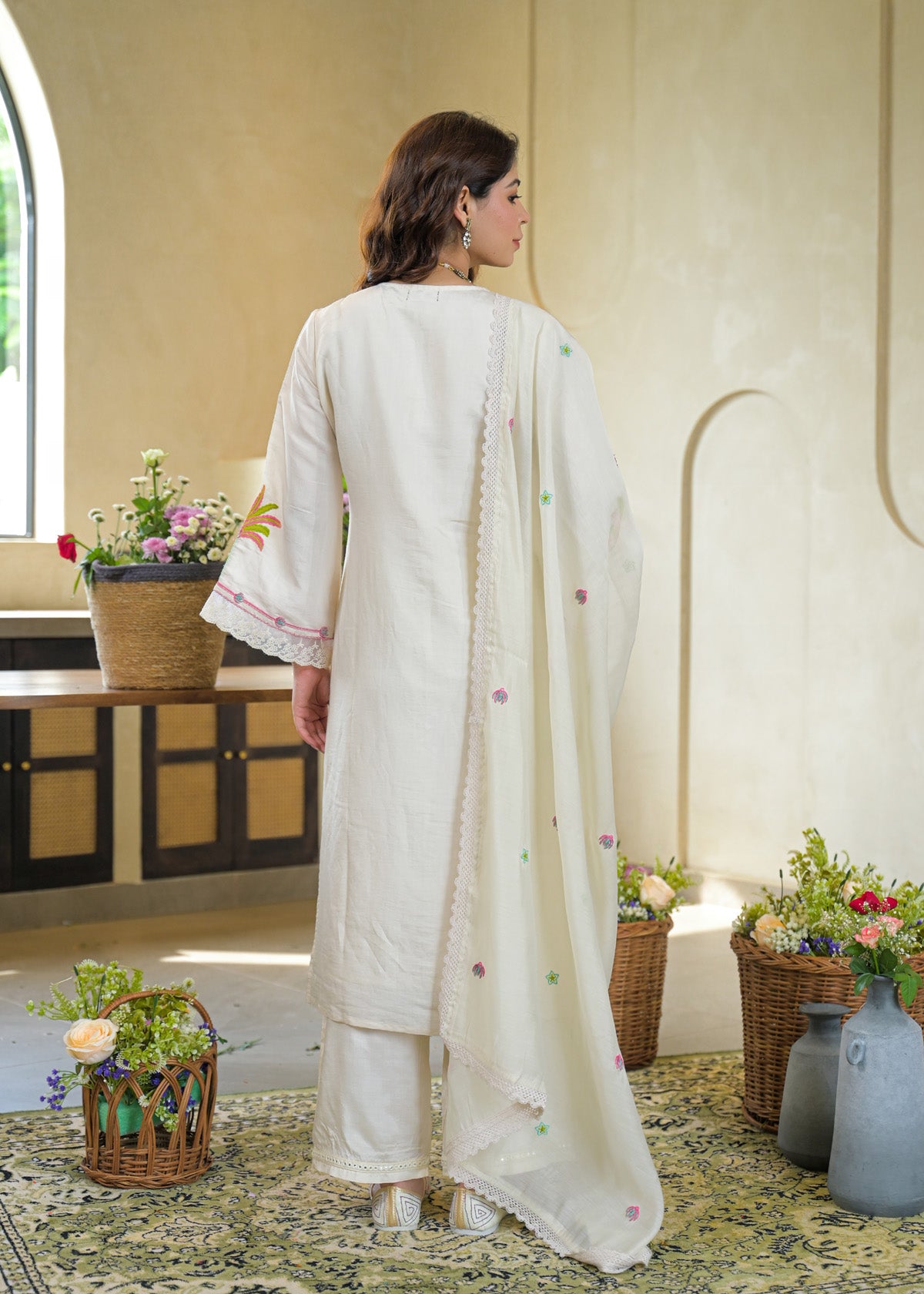 White Mul Chanderi Embroidered Straight Cut Suit Set | Bairaas