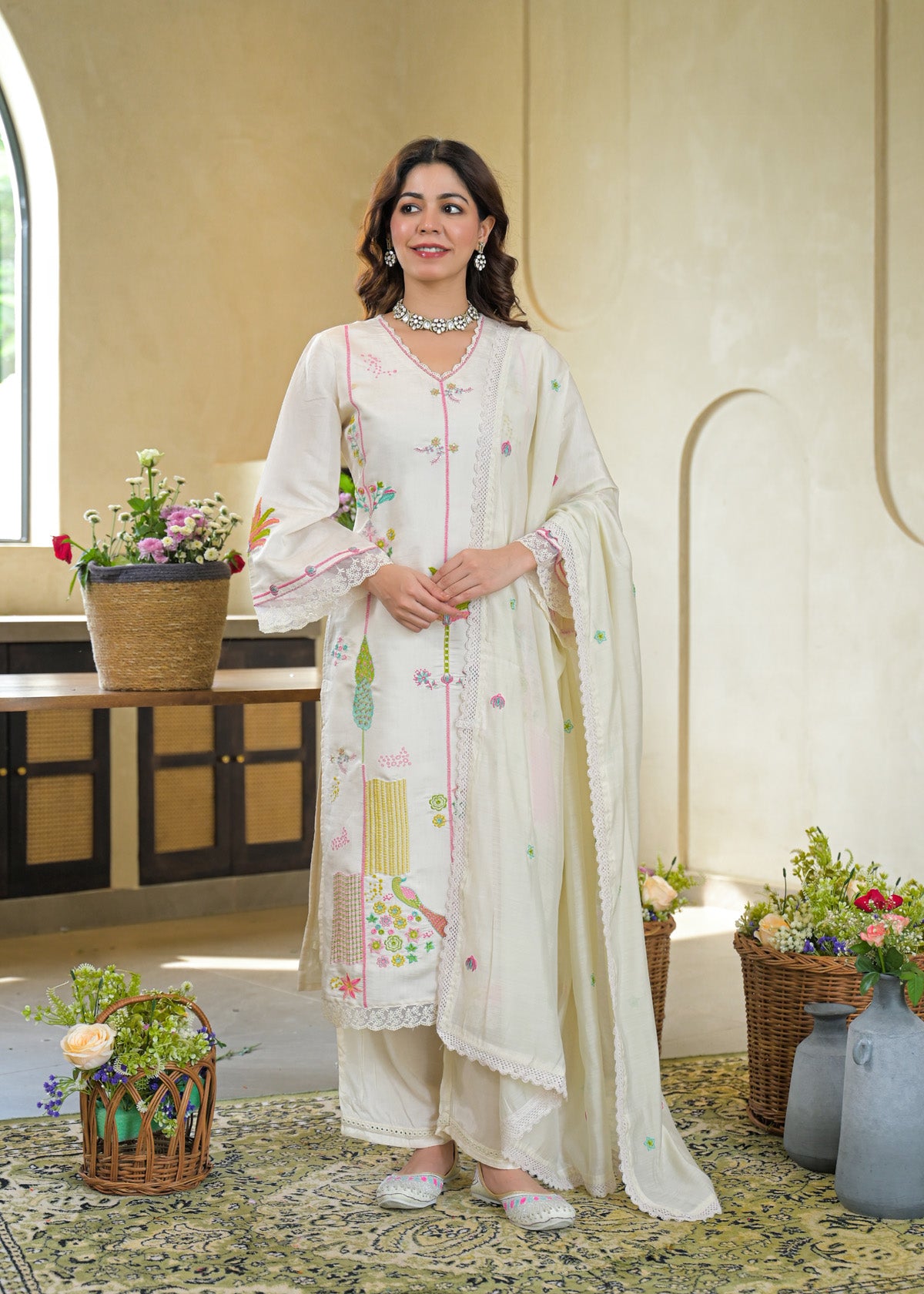 White Mul Chanderi Embroidered Straight Cut Suit Set | Bairaas