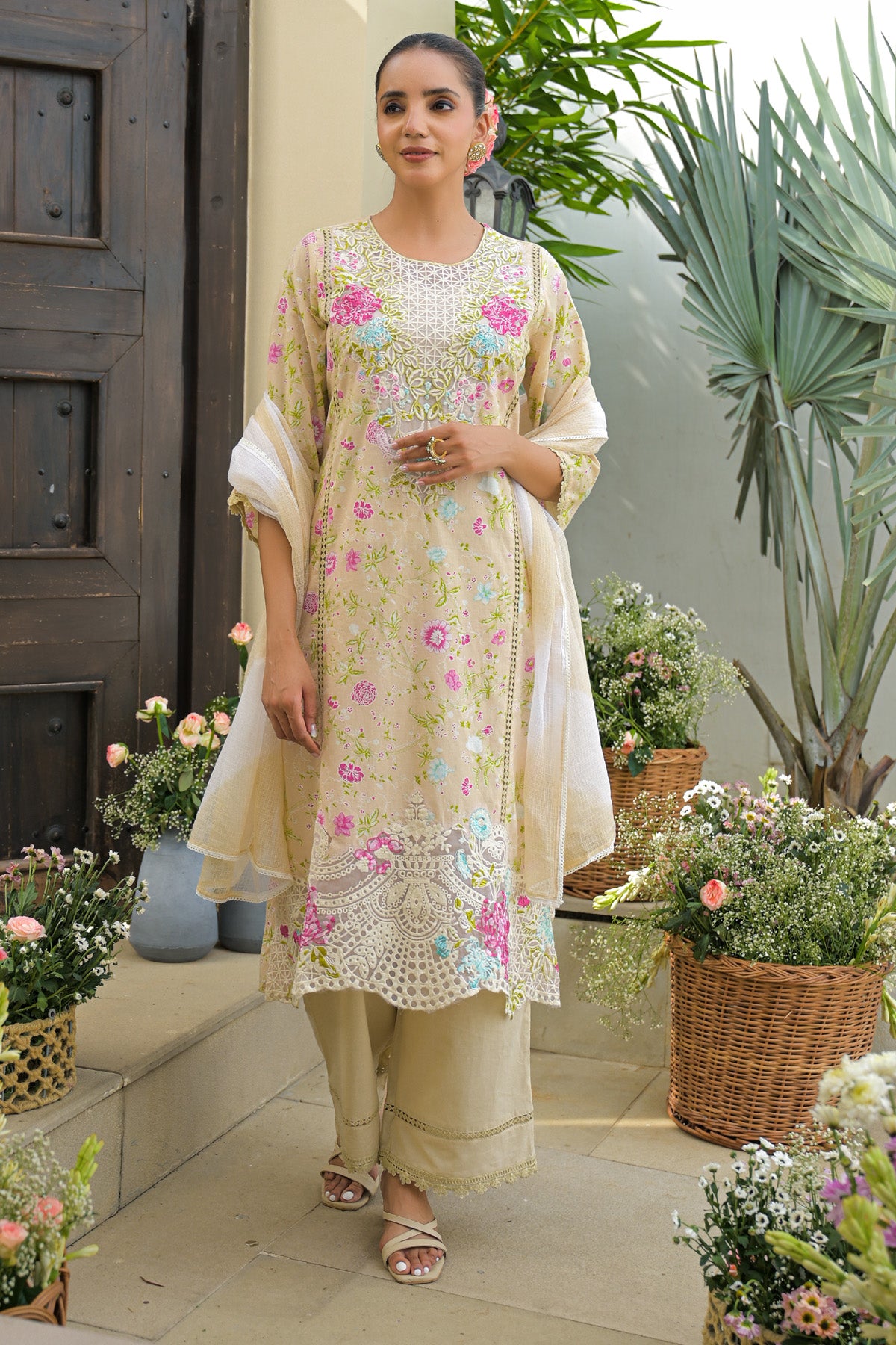 Peach Cotton Embroidered Straight Cut Suit Set | Bairaas