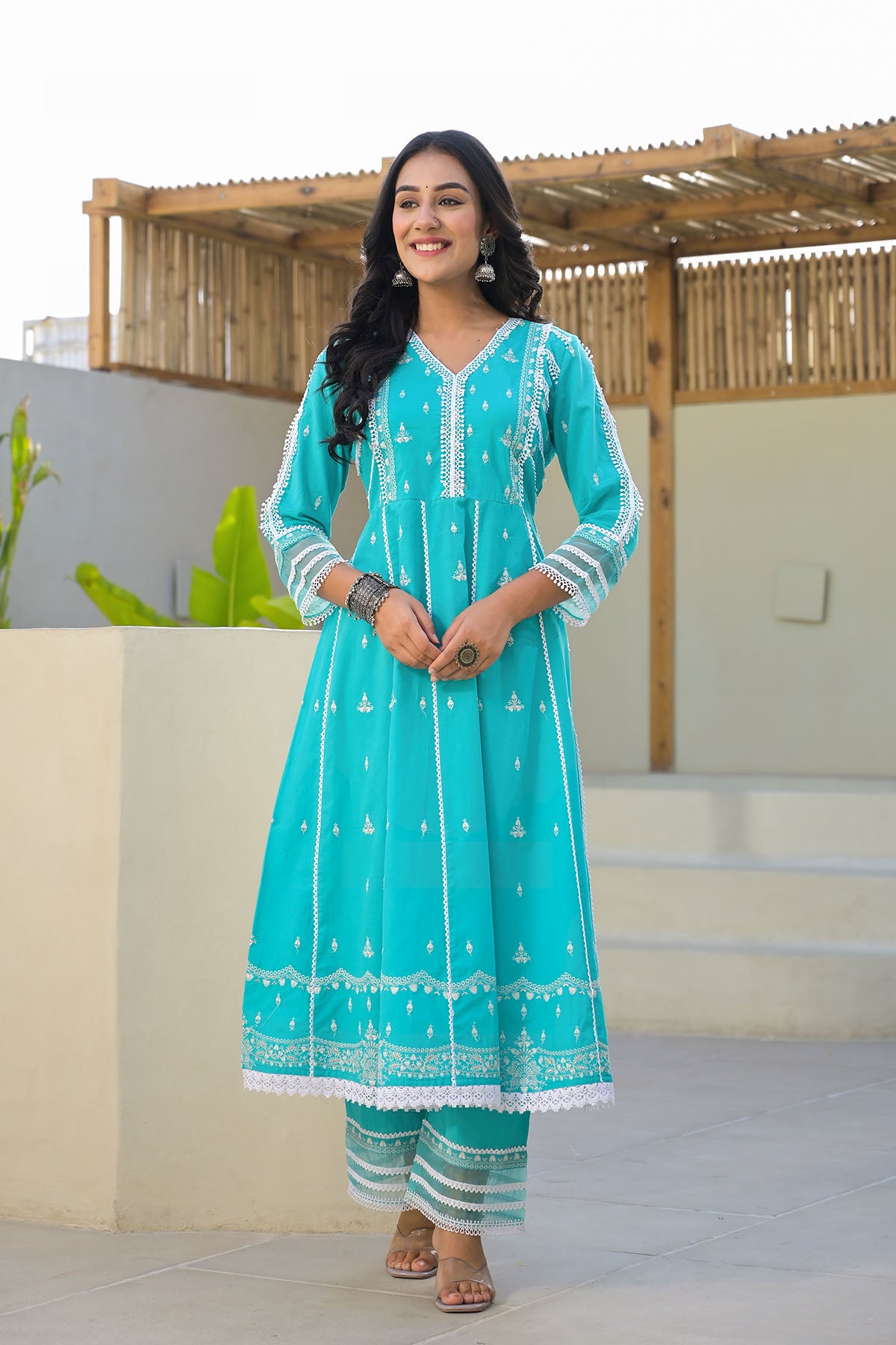 Blue Cotton Embroidered Anarkali Suit