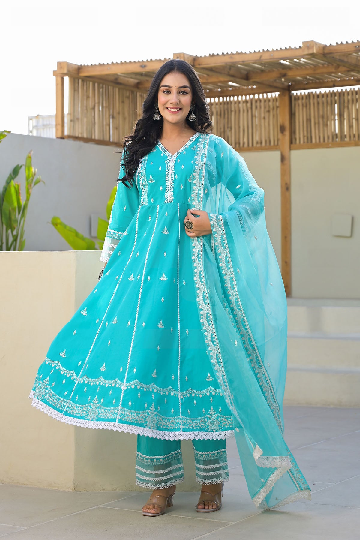 Blue Cotton Embroidered Anarkali Suit