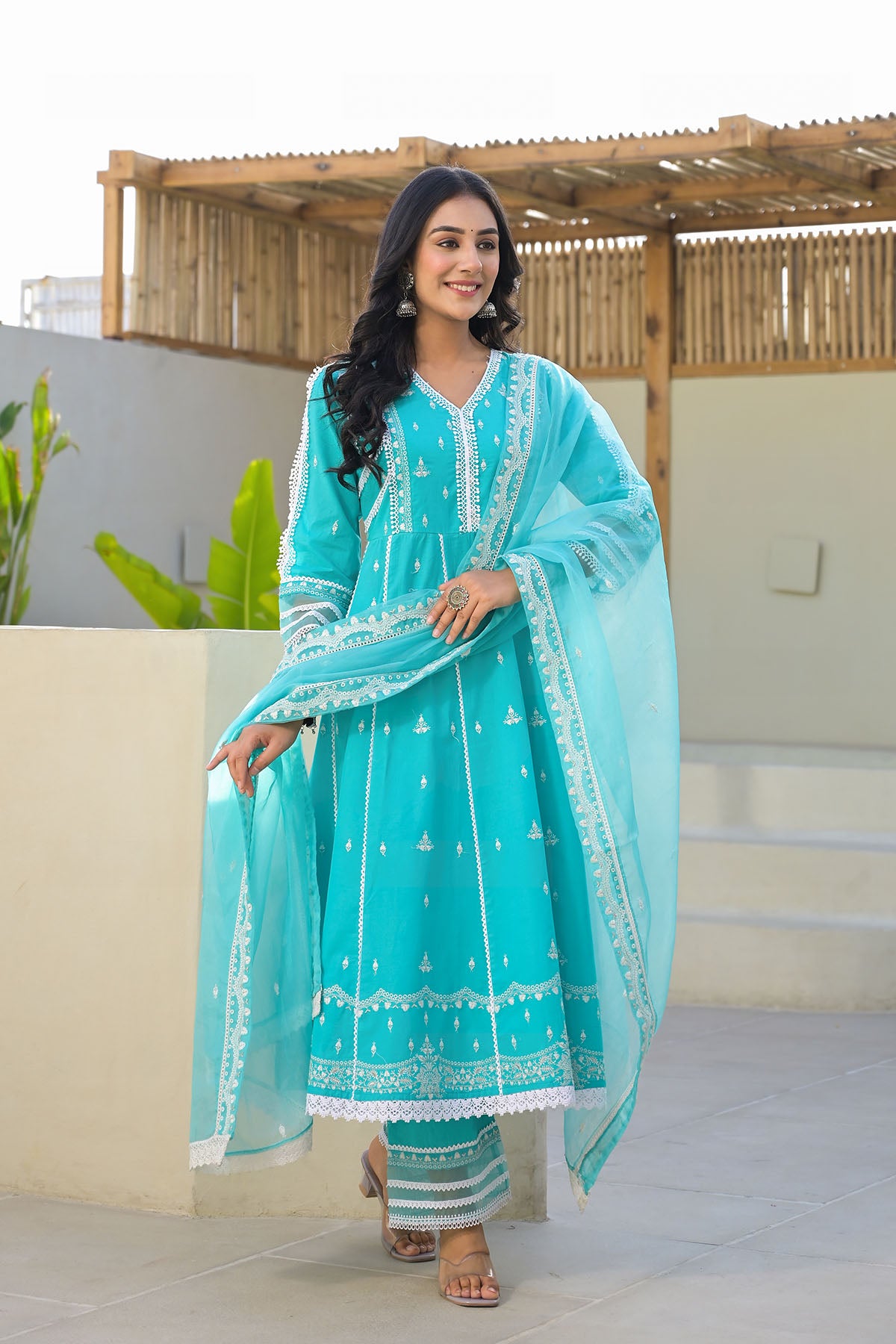 Blue Cotton Embroidered Anarkali Suit