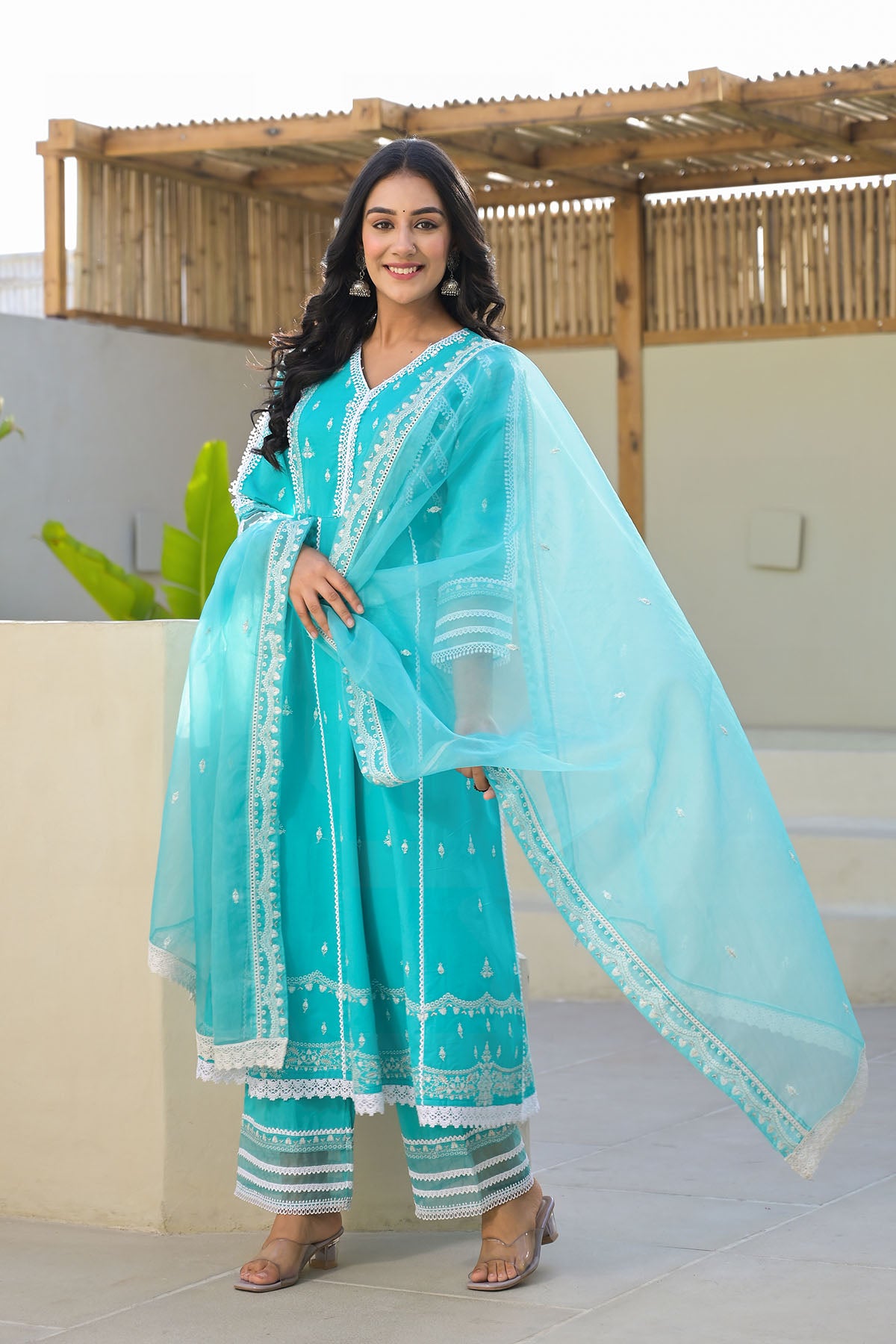 Blue Cotton Embroidered Anarkali Suit