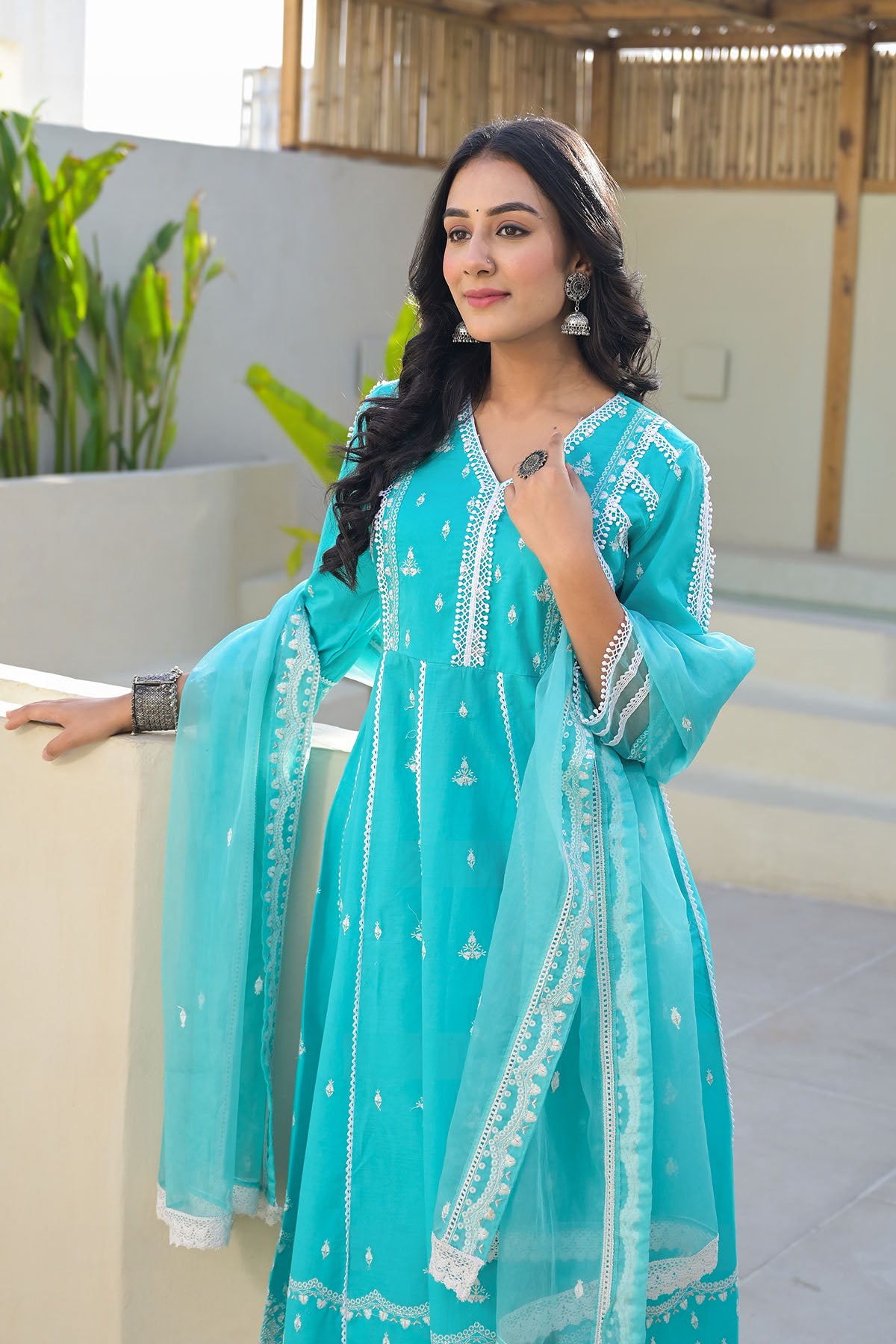 Blue Cotton Embroidered Anarkali Suit
