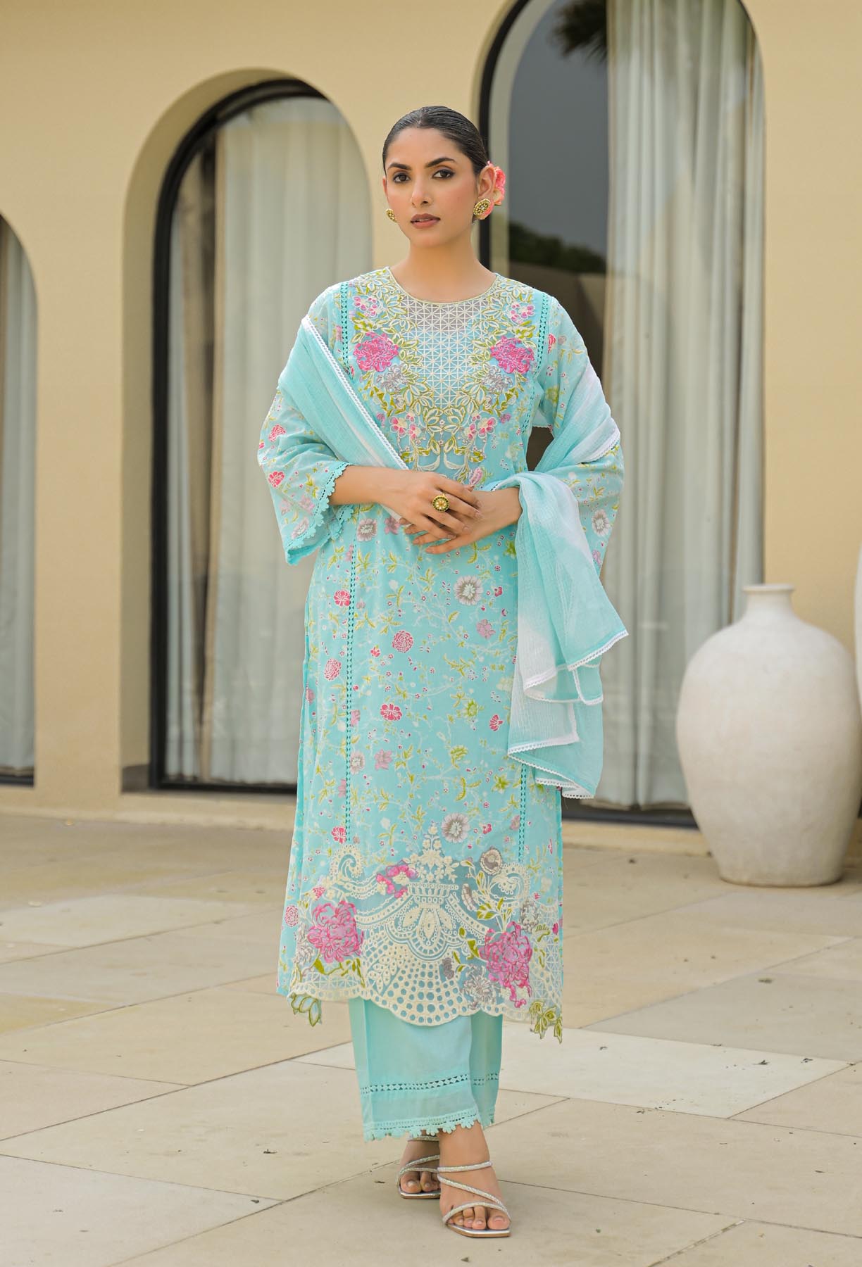 Sky Cotton Embroidered Straight Cut Suit Set | Bairaas