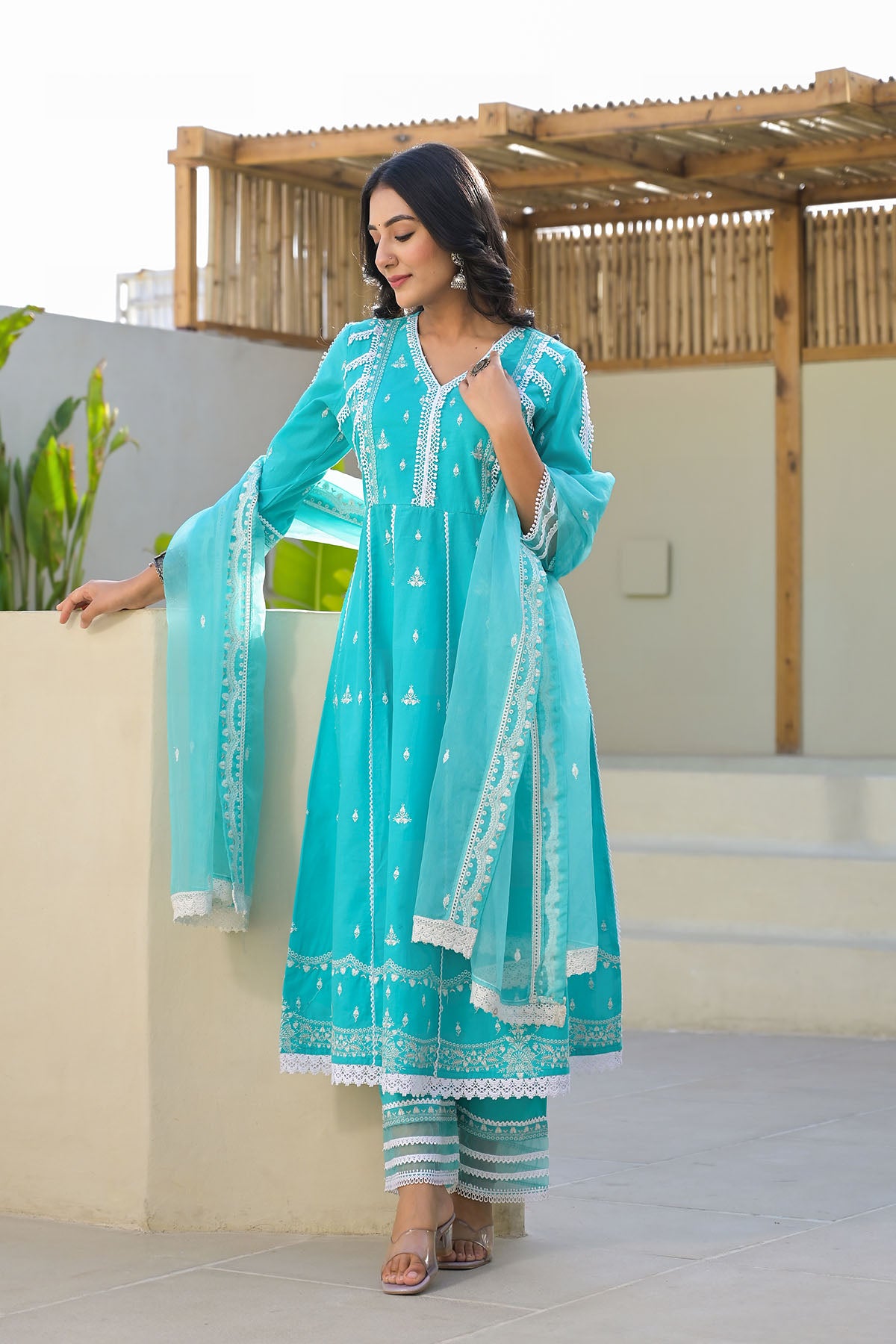 Blue Cotton Embroidered Anarkali Suit