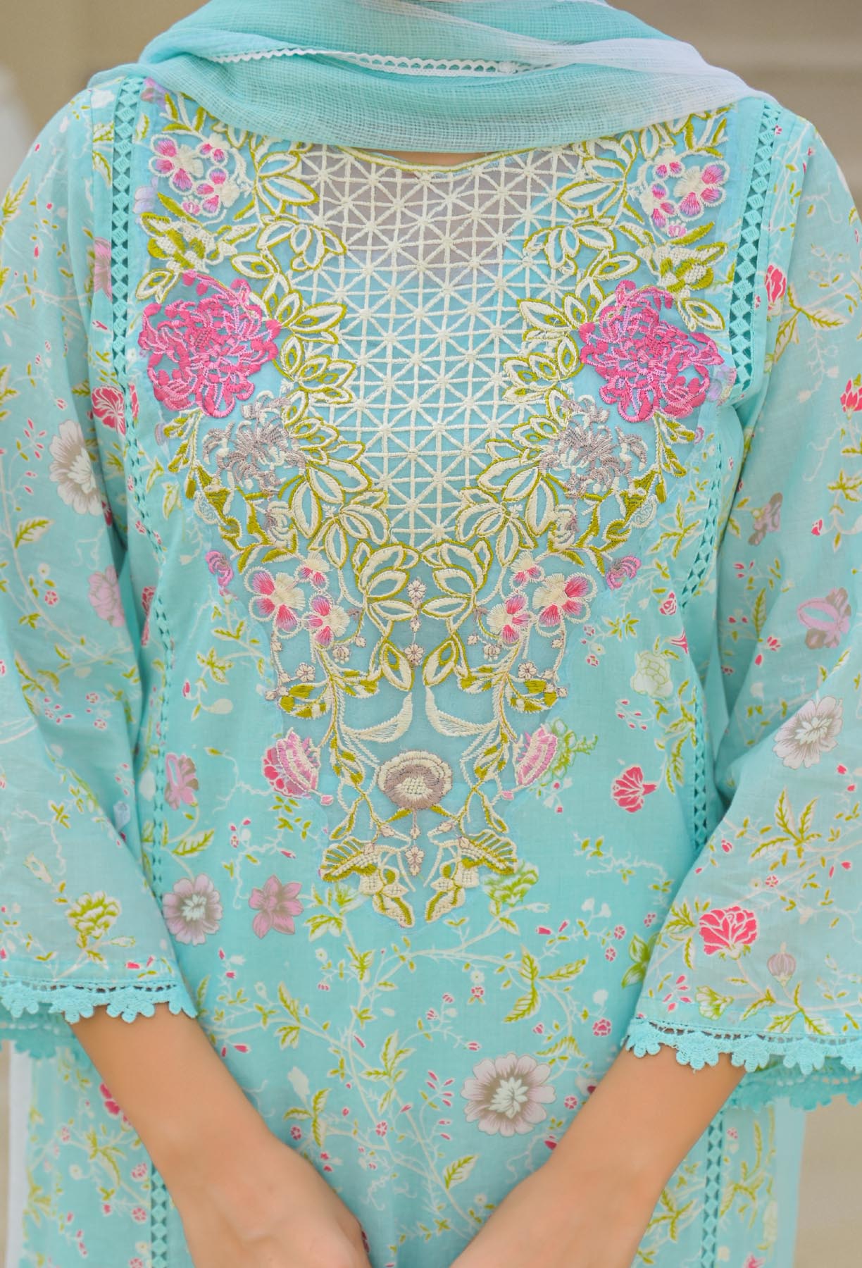 Sky Cotton Embroidered Straight Cut Suit Set | Bairaas