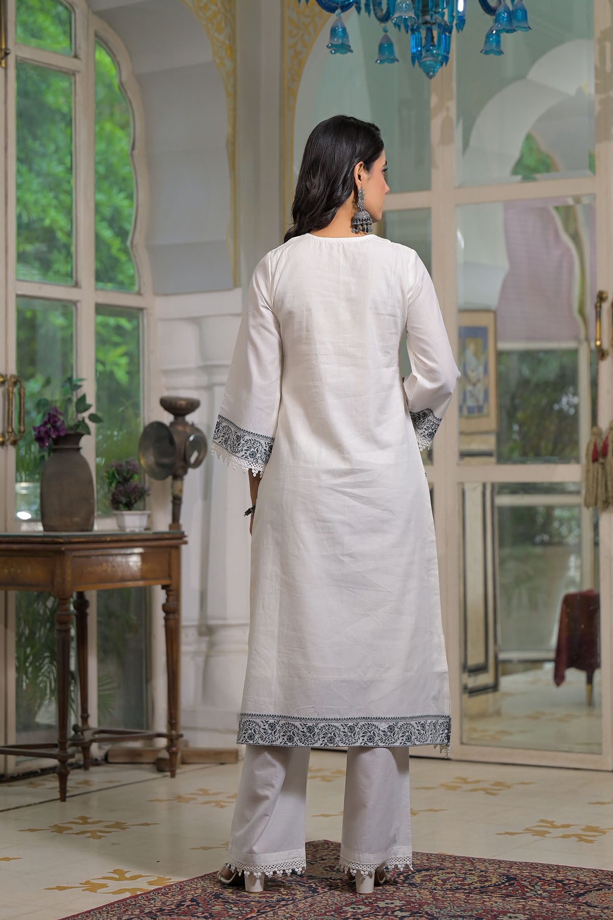 White Embroidered Cotton Straight Suit