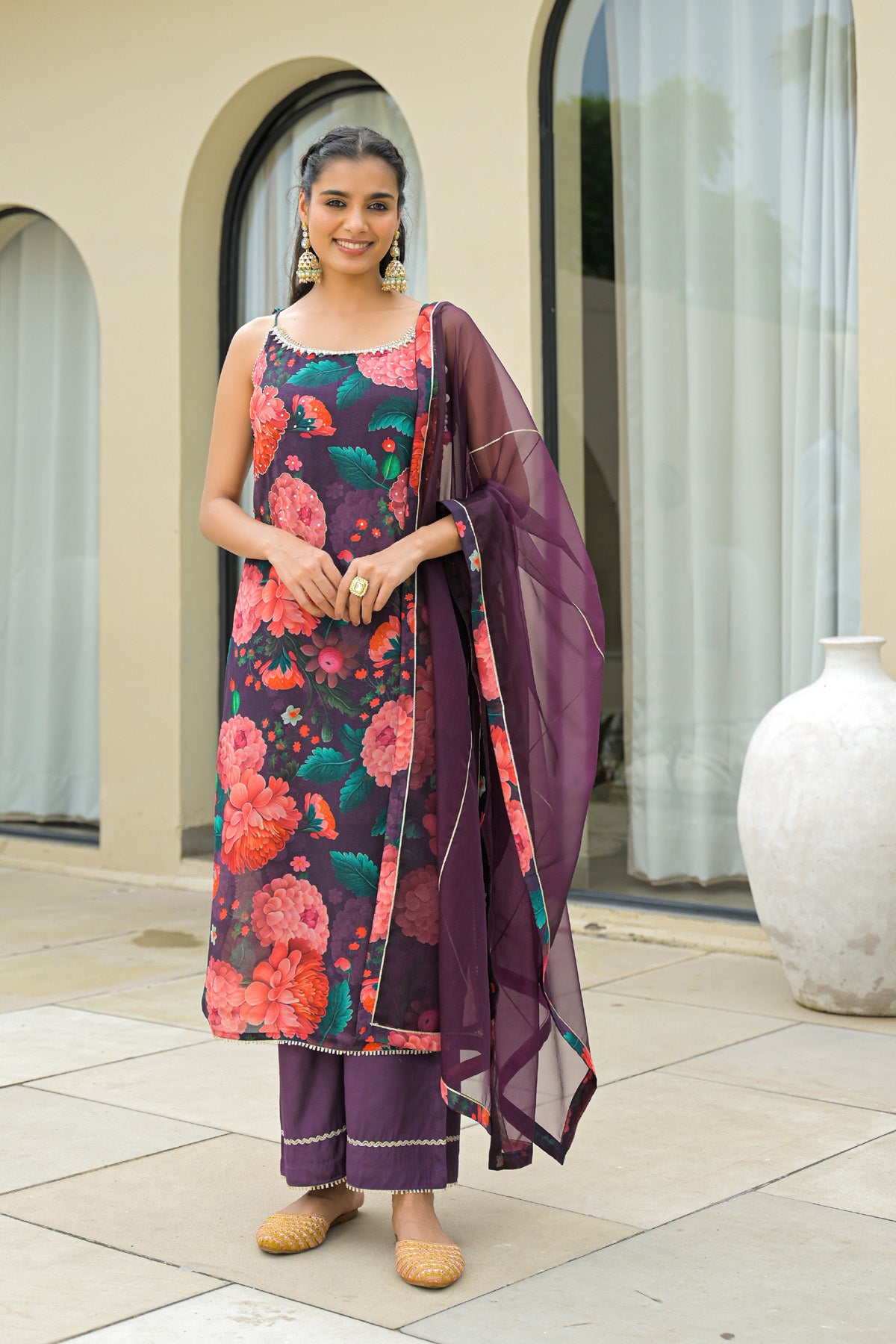 Maroon Chinon Gotapatti Straight Cut Suit Set | Bairaas