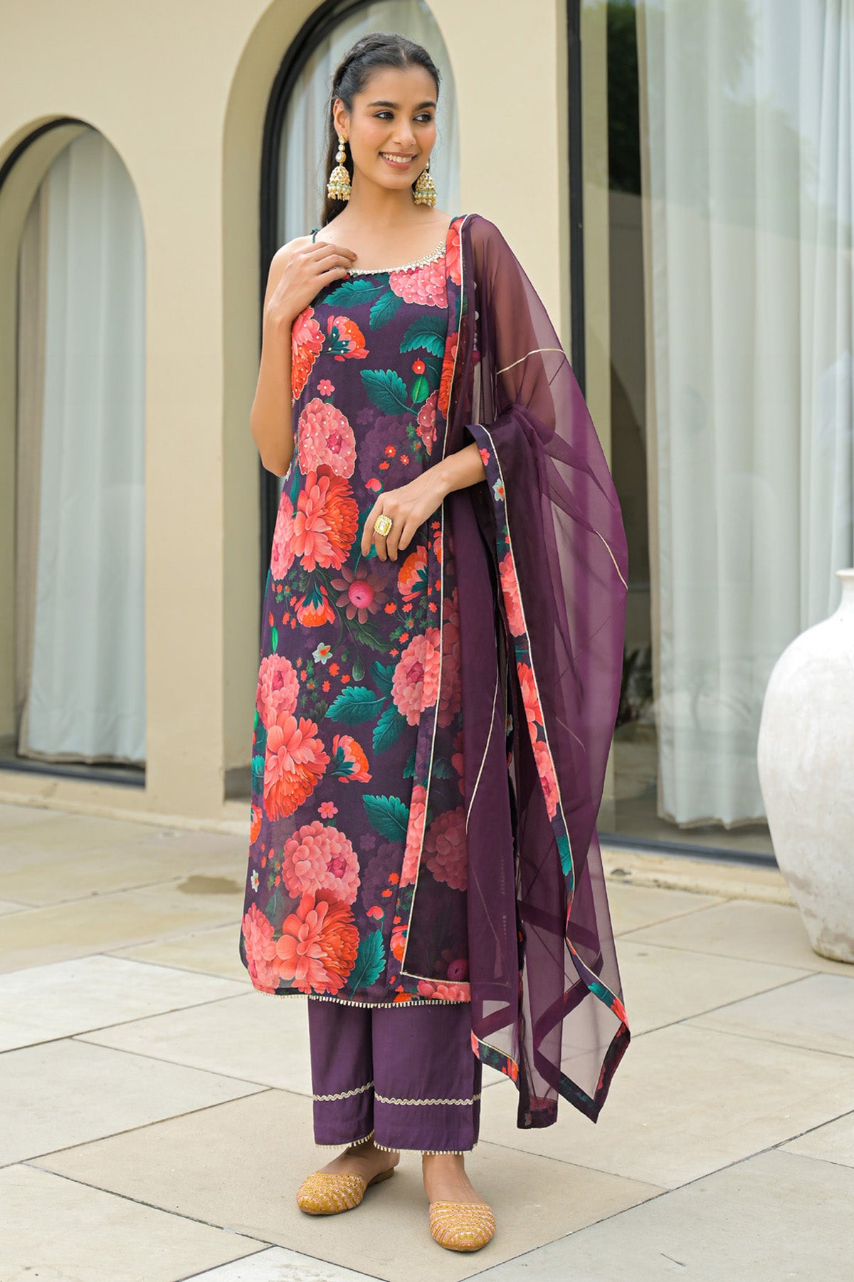 Purple Chinon Handwork Suit Set