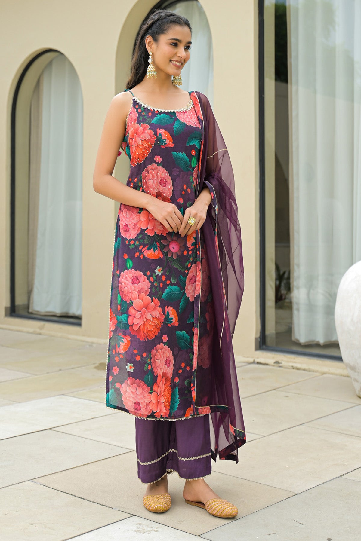 Purple Chinon Handwork Suit Set