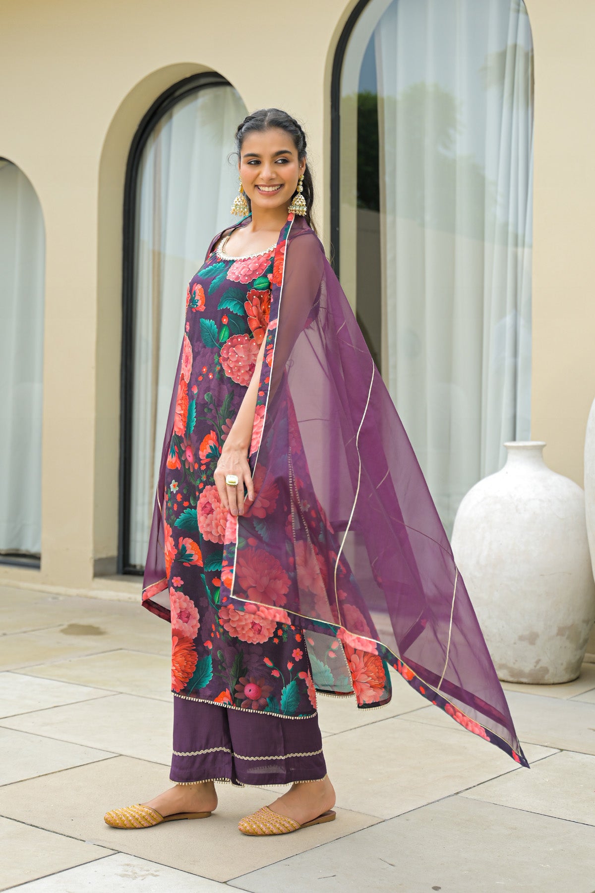 Maroon Chinon Gotapatti Straight Cut Suit Set | Bairaas