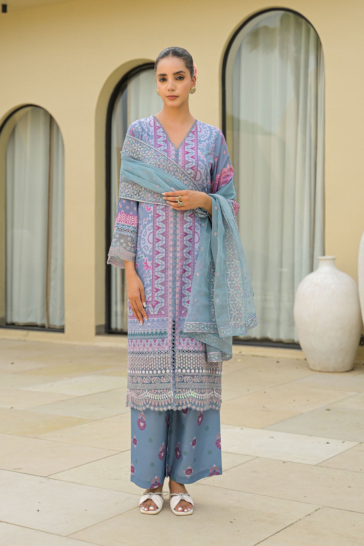Grey Muslin Embroidered Pakistani Suit