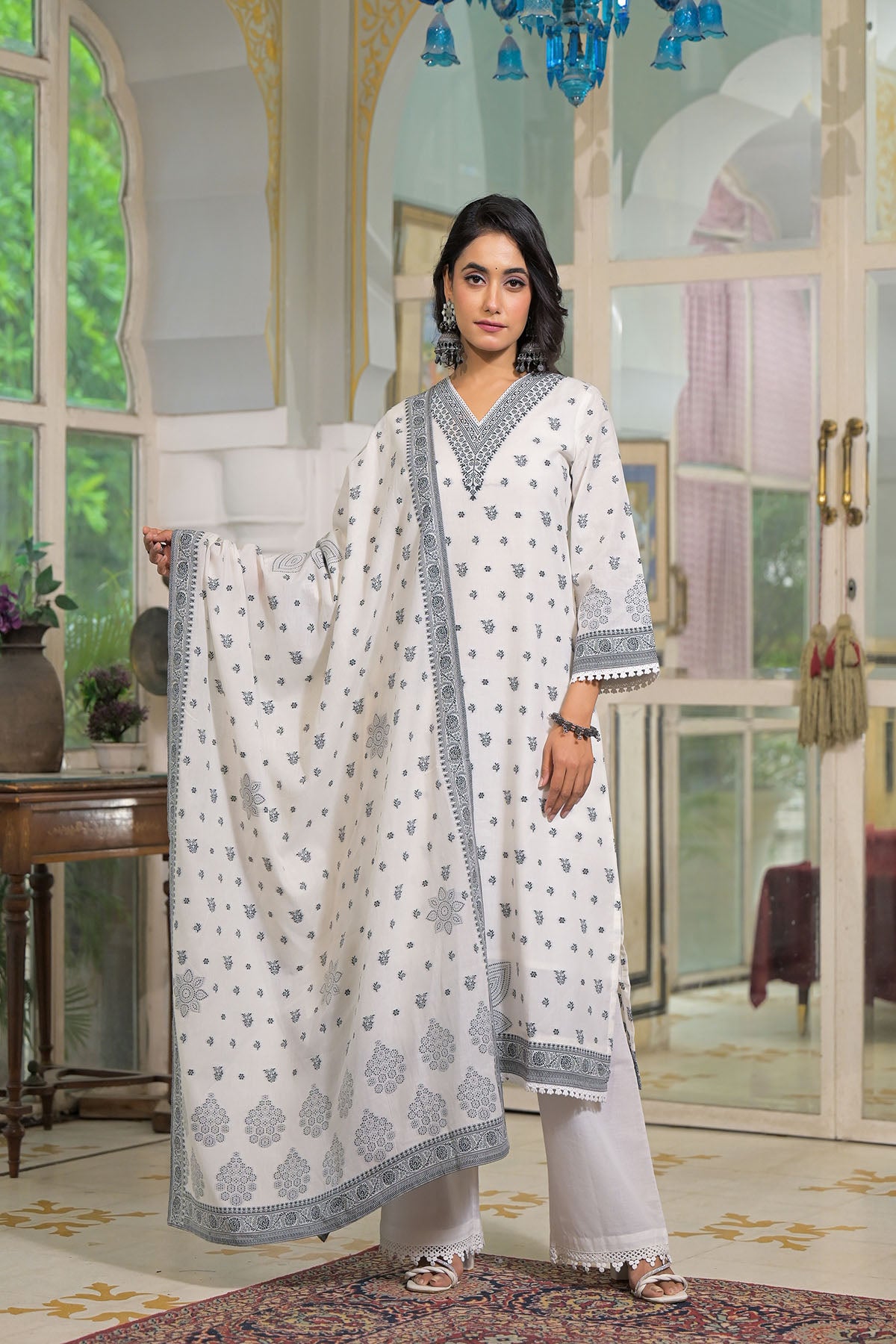 White Cotton Straight Embroidered Suit