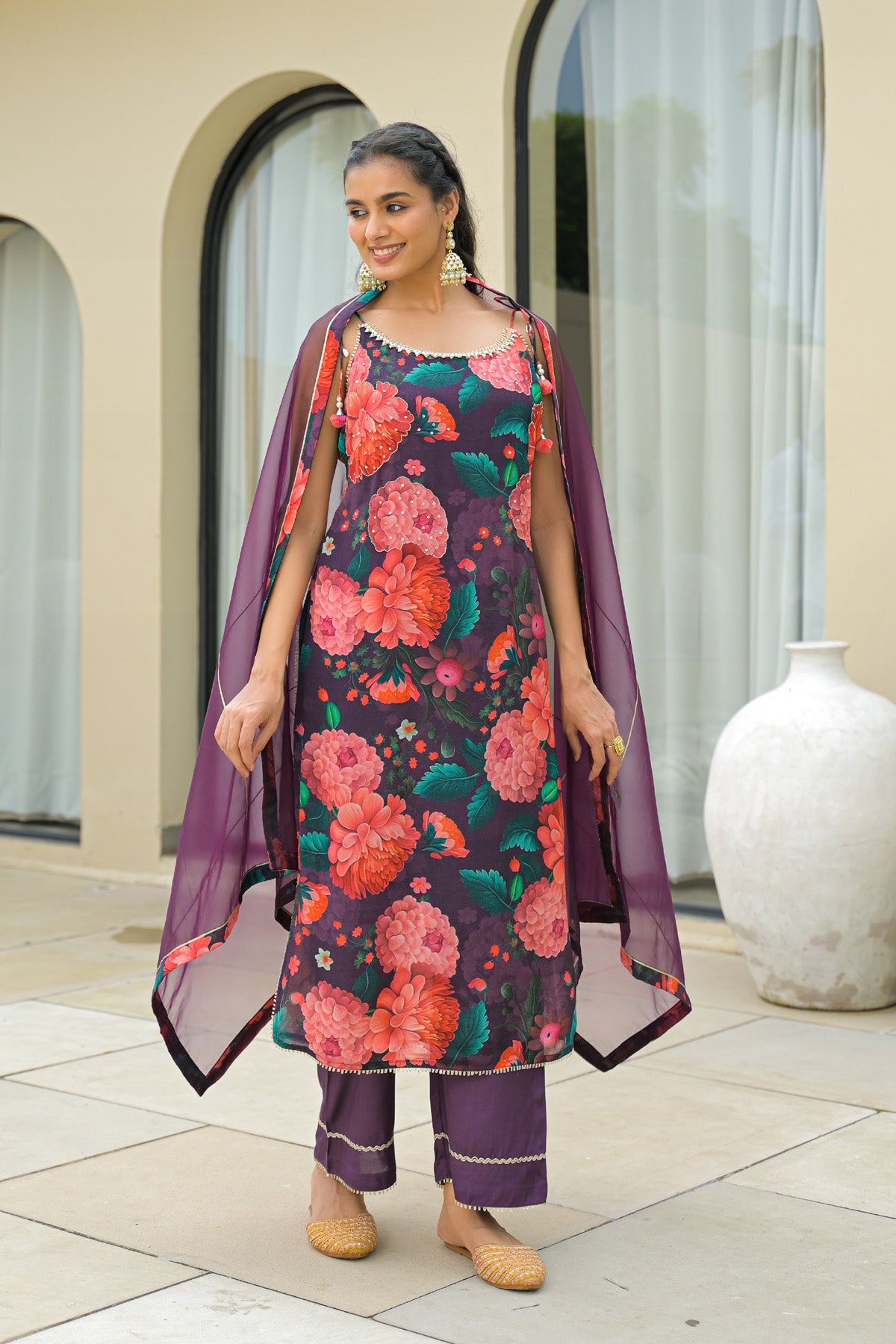 Maroon Chinon Gotapatti Straight Cut Suit Set | Bairaas