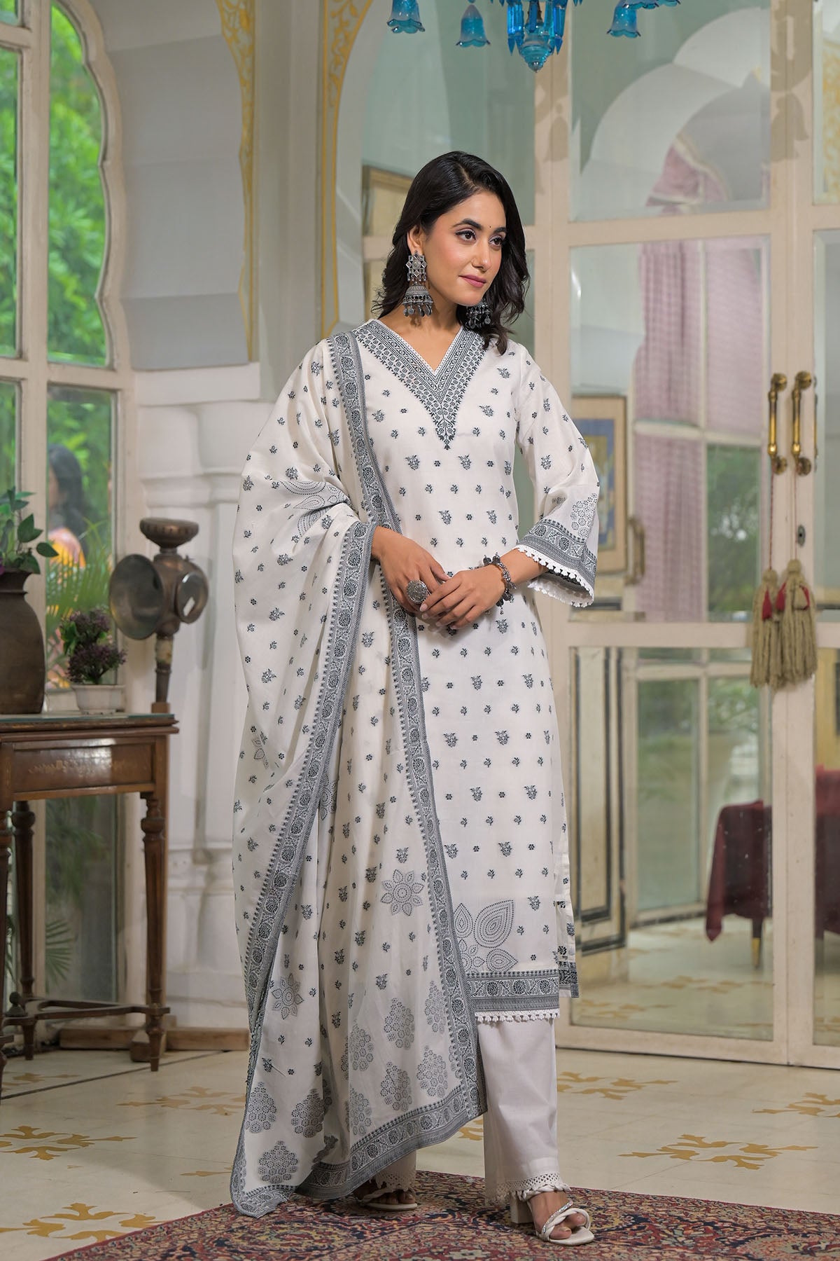 White Cotton Straight Embroidered Suit