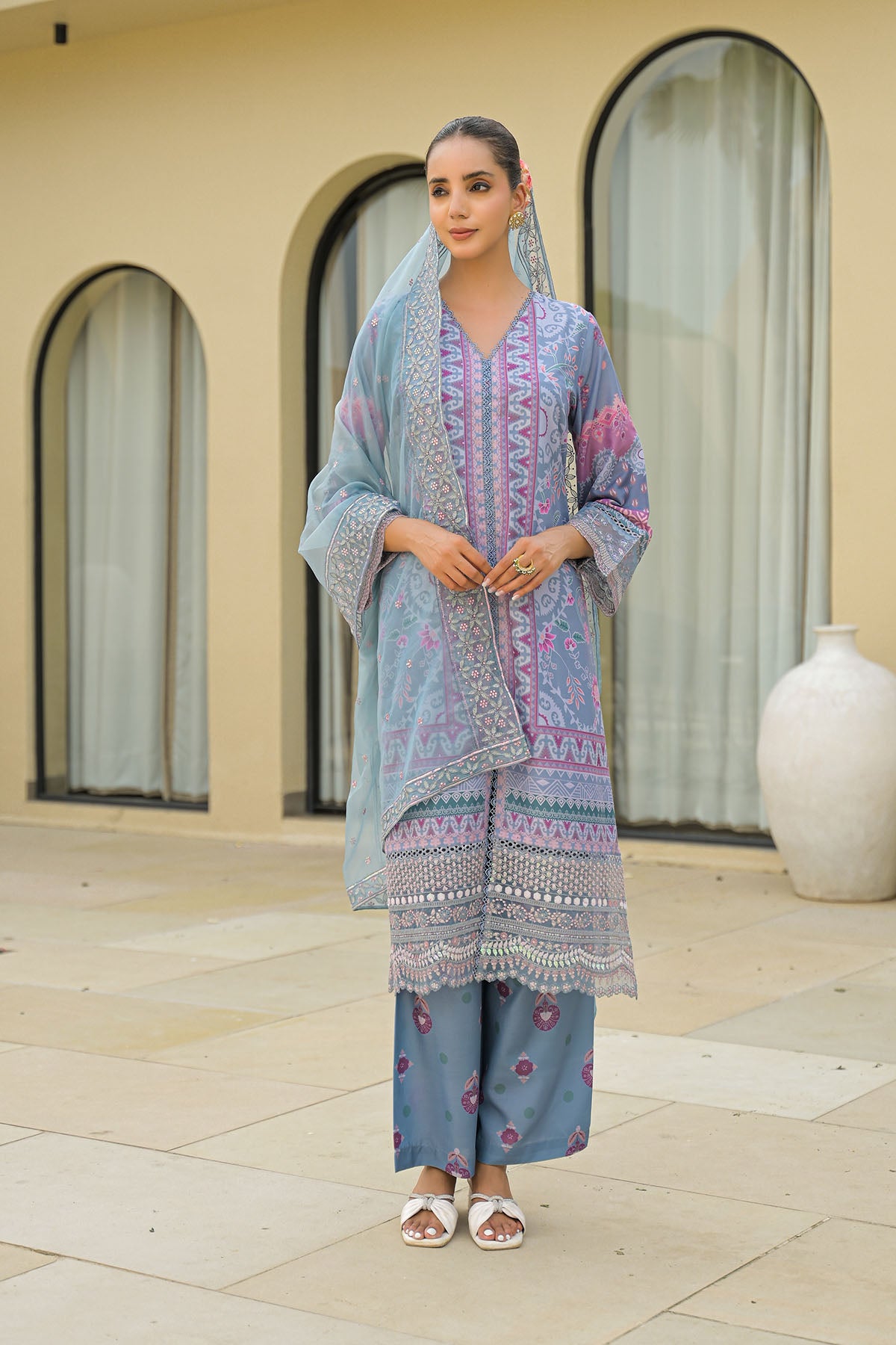 Grey Muslin Embroidered Pakistani Suit