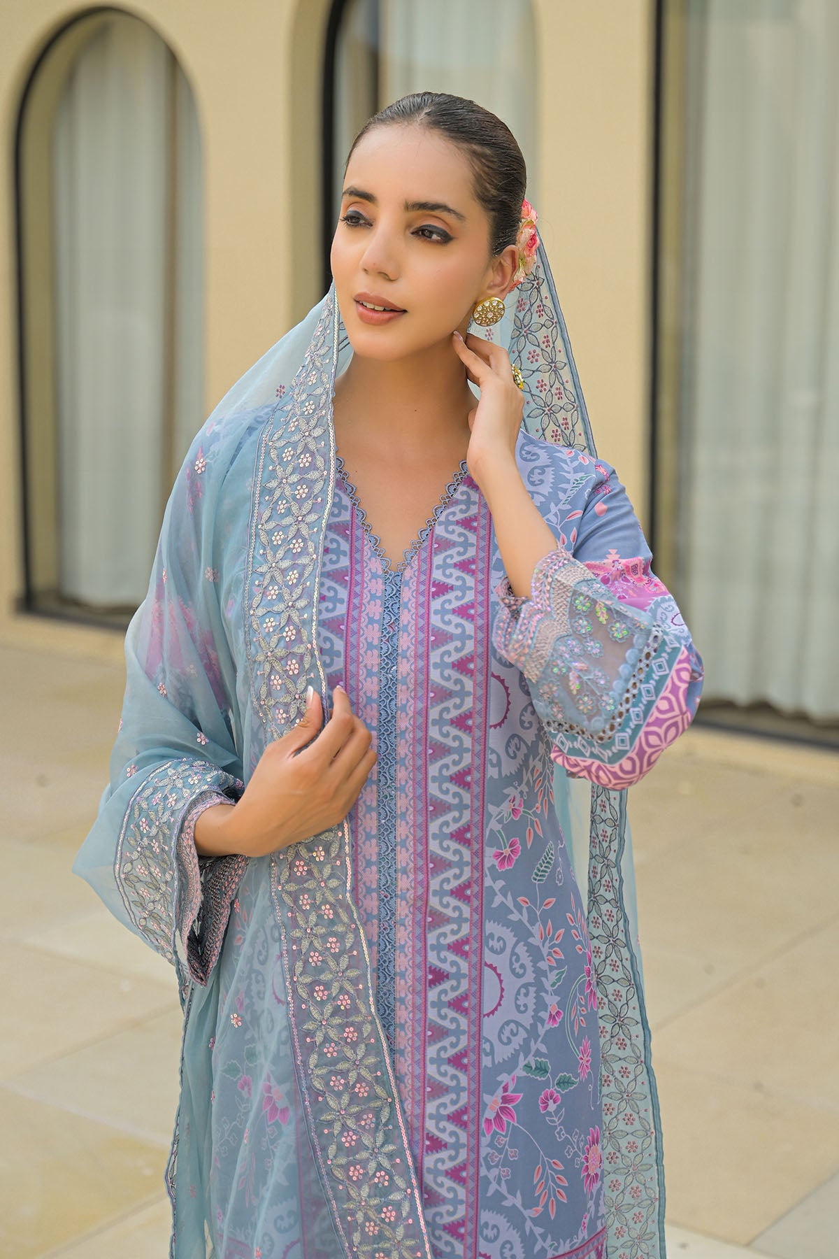 Grey Muslin Embroidered Pakistani Suit