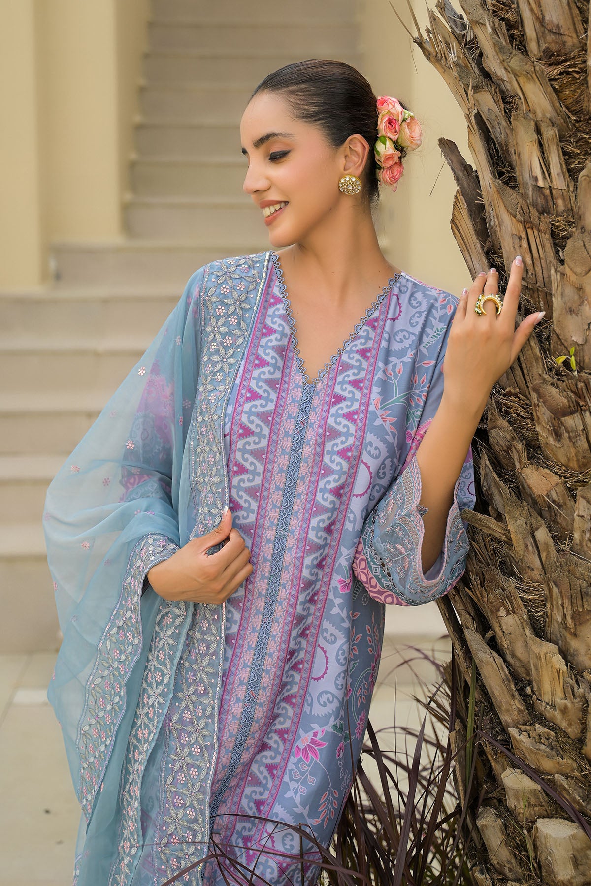 Grey Muslin Embroidered Pakistani Suit