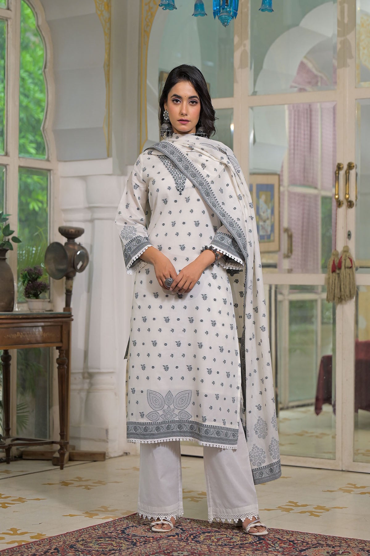 White Cotton Straight Embroidered Suit