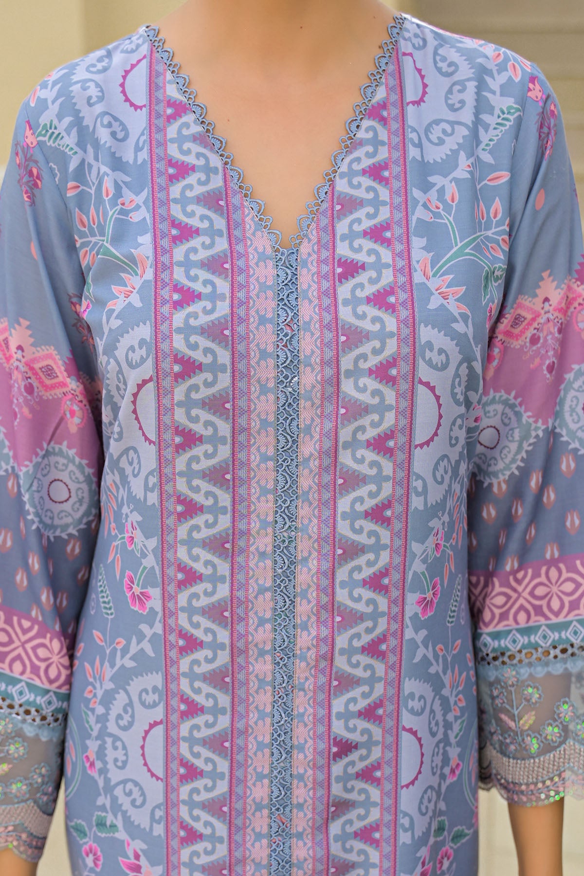 Grey Muslin Embroidered Pakistani Suit