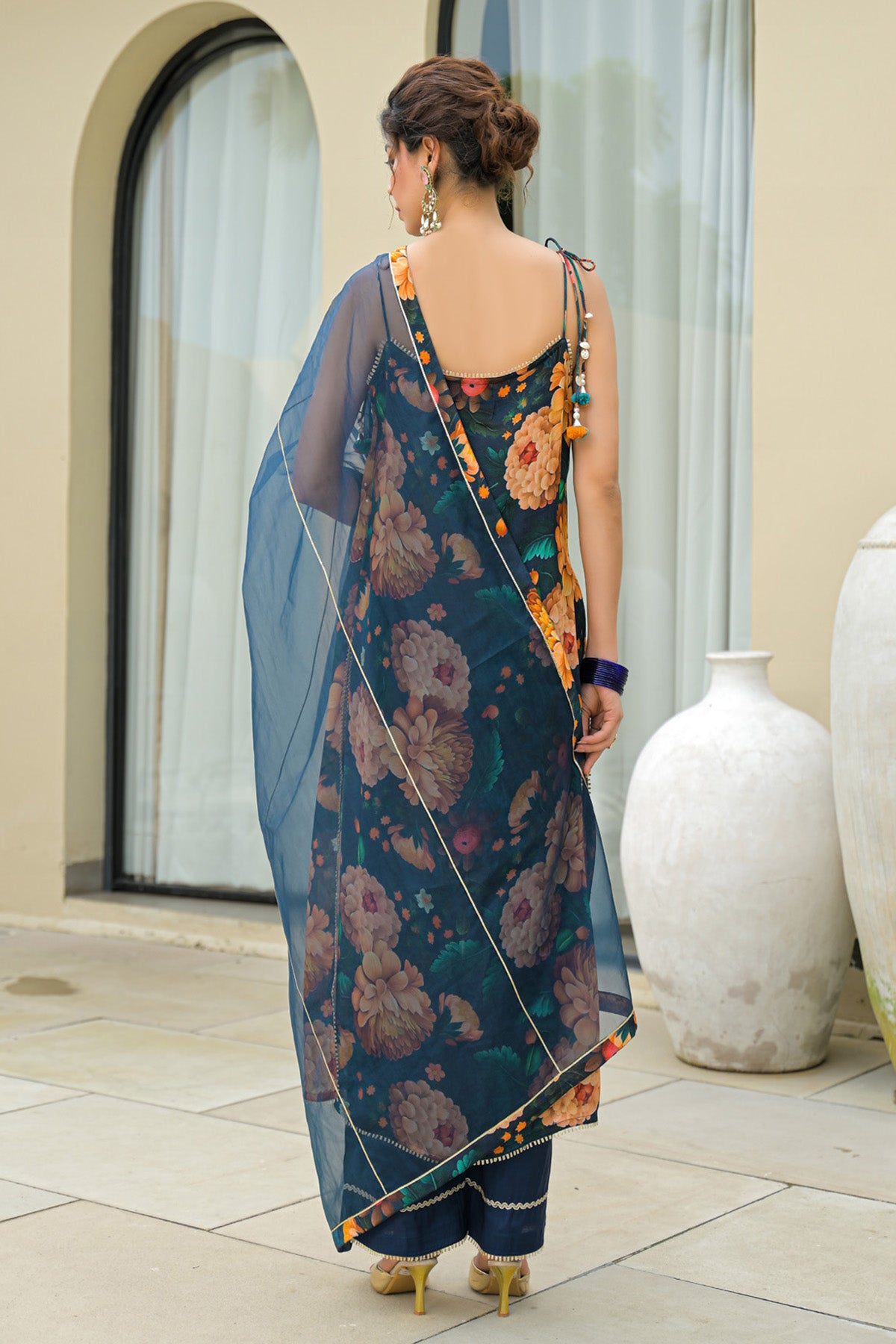 Navy Blue Chinon Handwork Suit Set