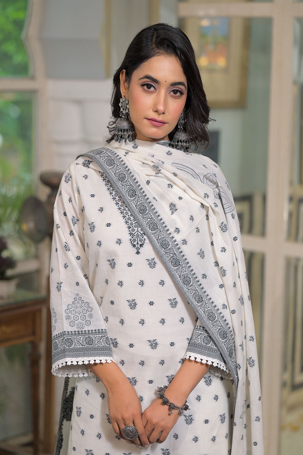 White Cotton Straight Embroidered Suit
