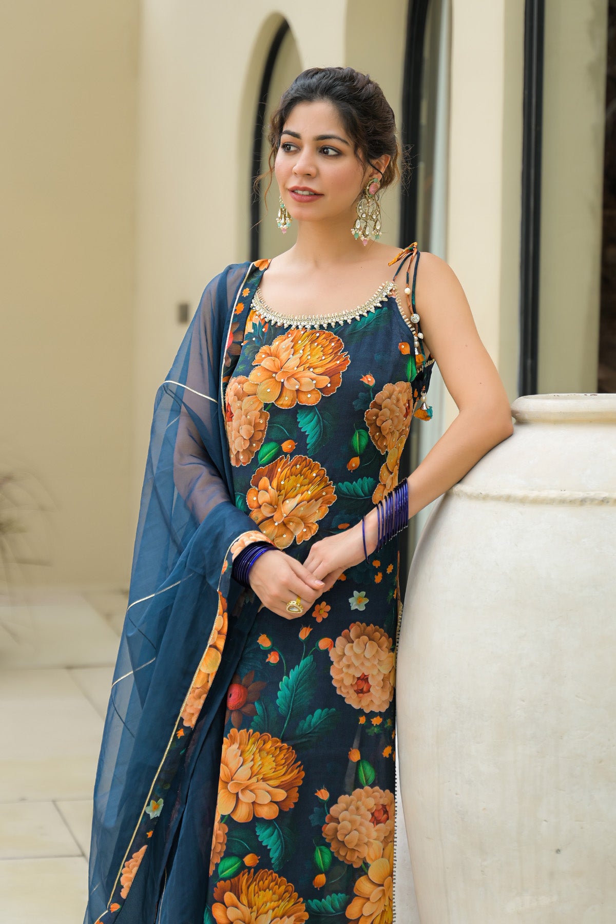 Blue Chinon Gotapatti Straight Cut Suit Set | Bairaas