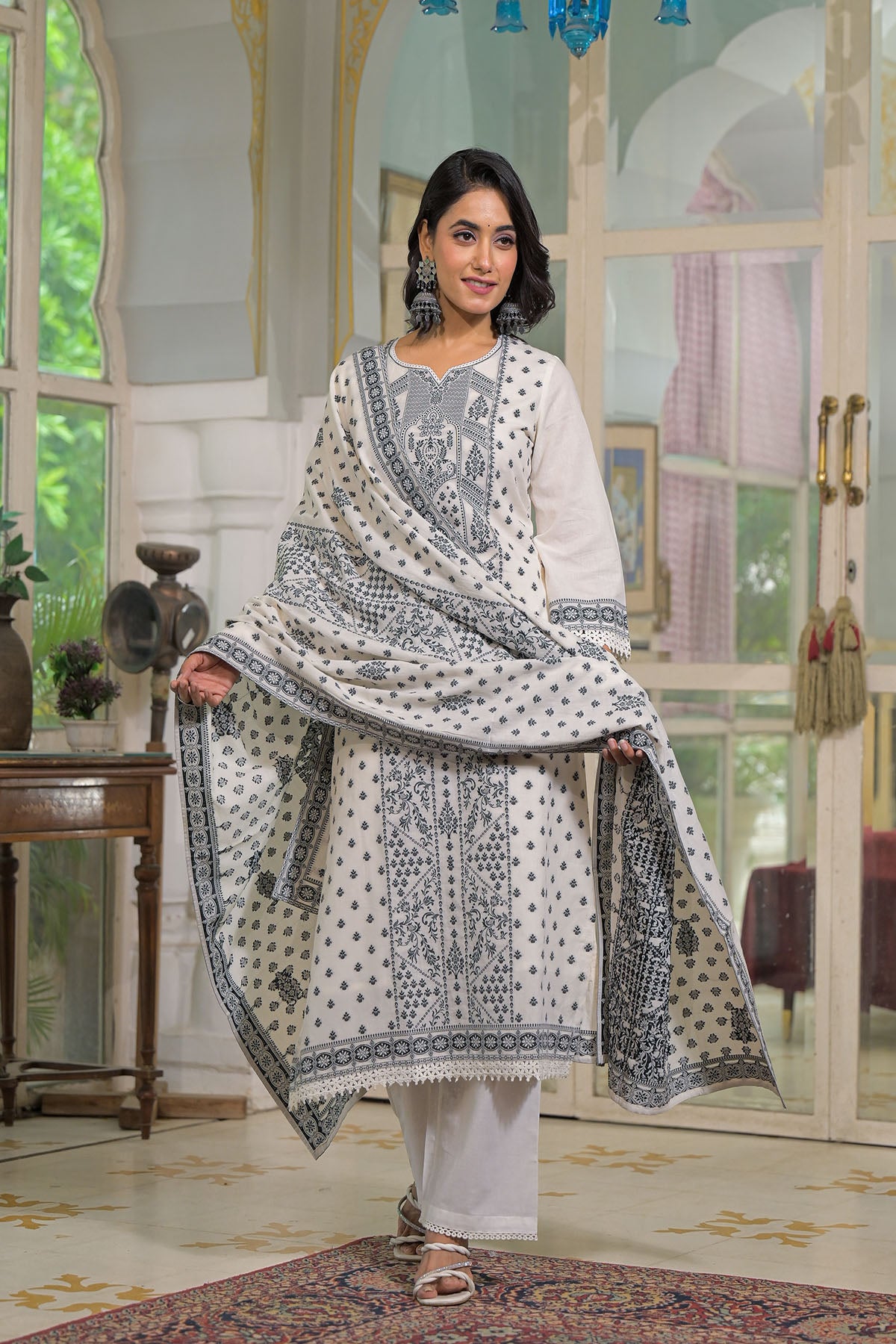 White Embroidered Straight-Cut Cotton Suit