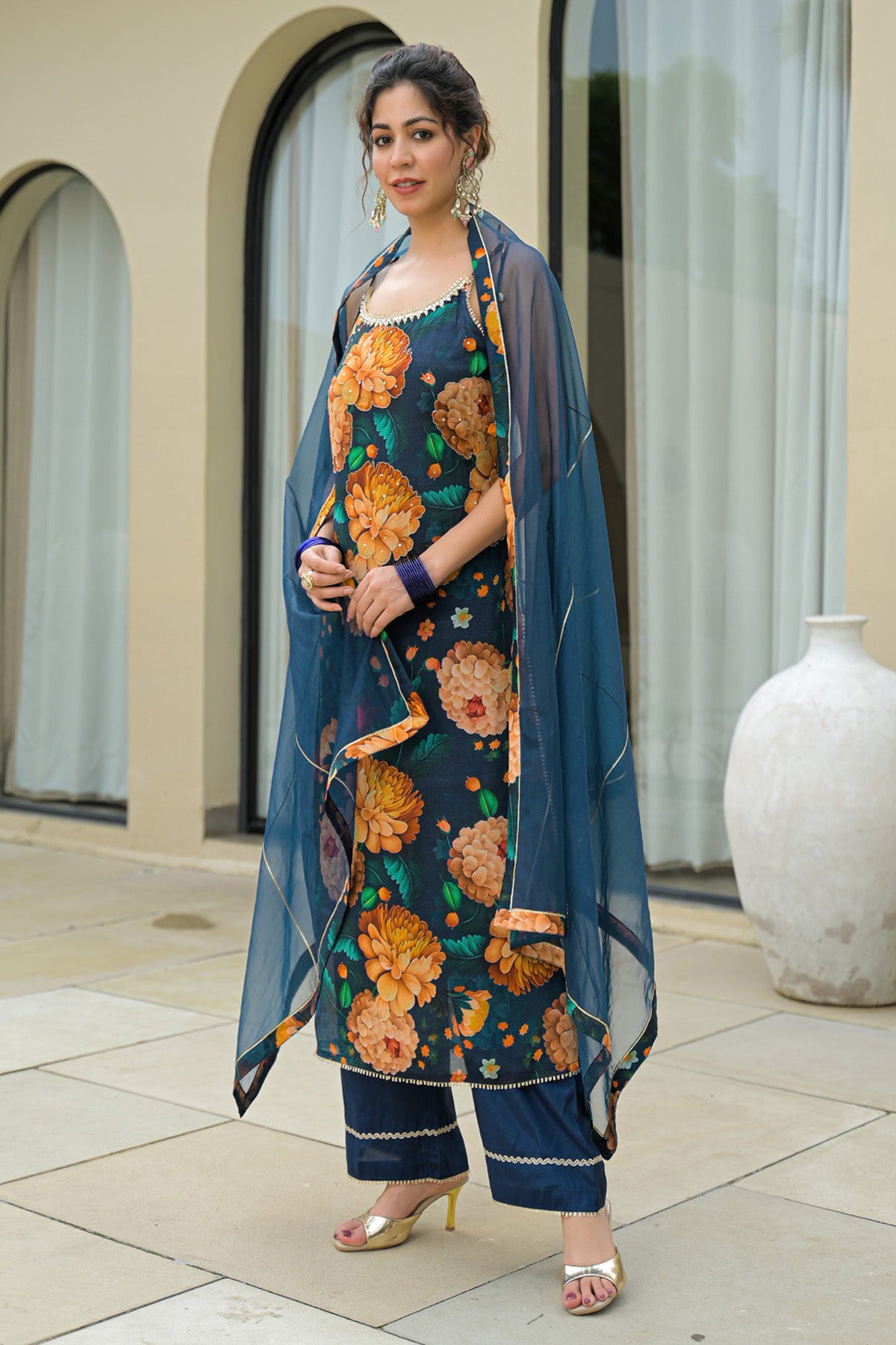 Navy Blue Chinon Handwork Suit Set