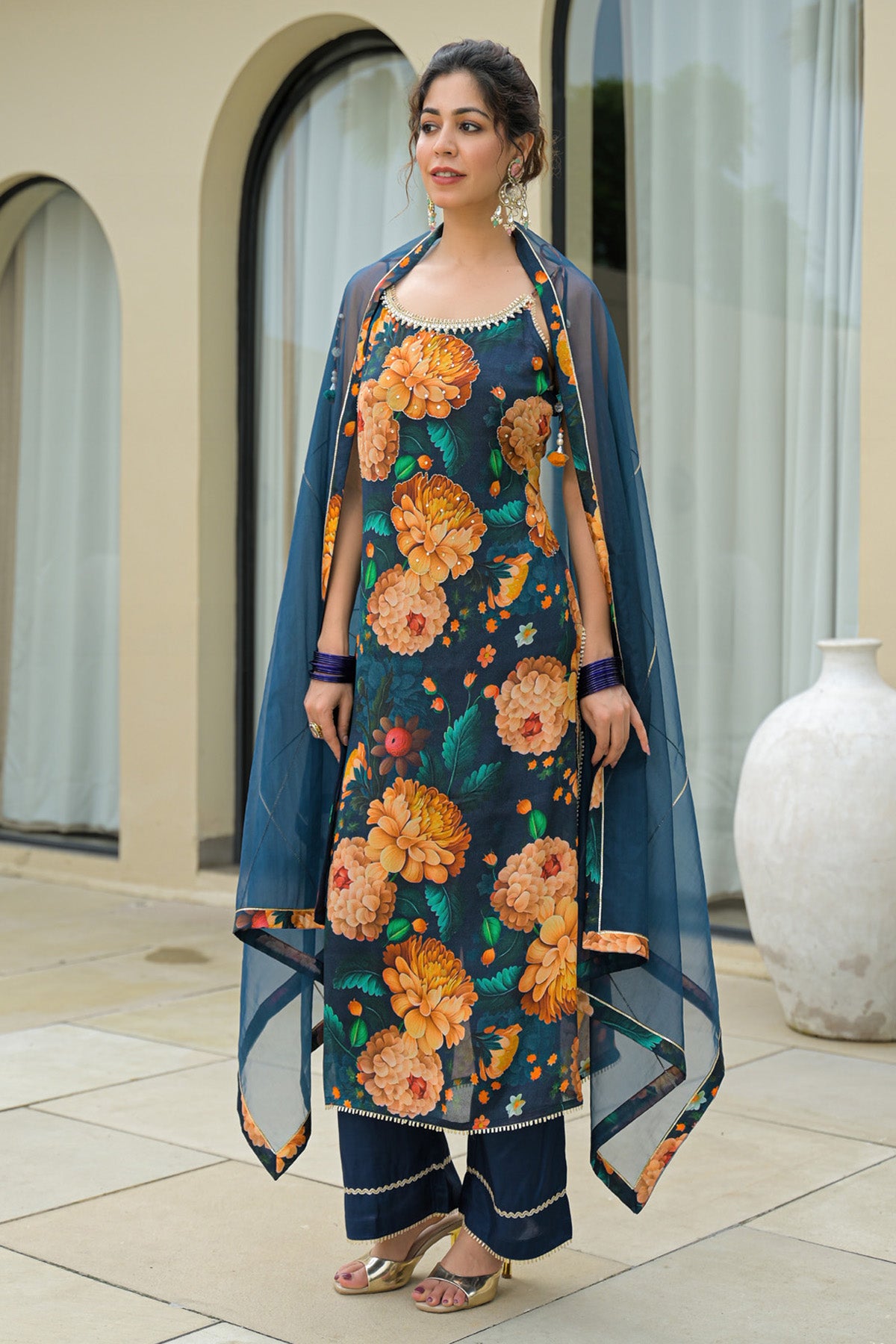 Navy Blue Chinon Handwork Suit Set
