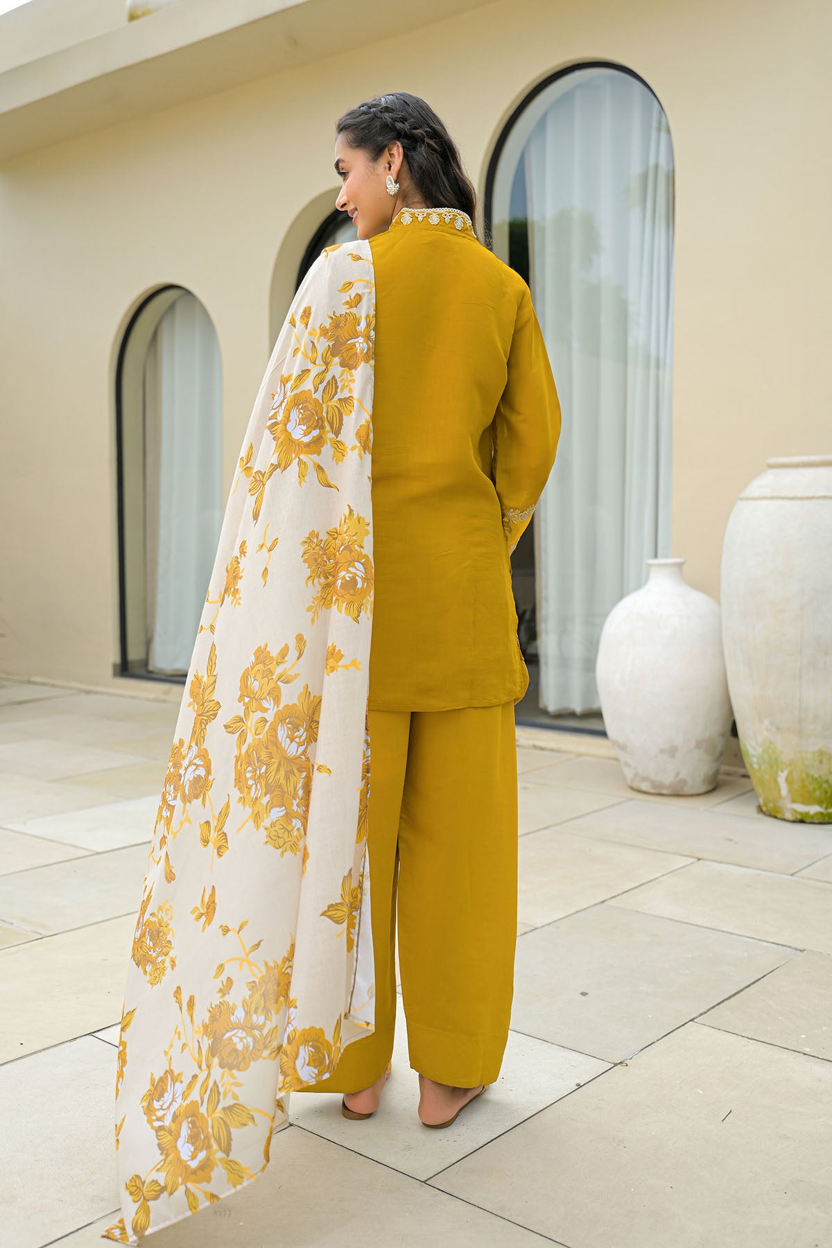 Mustard Solid Chanderi Embroidered Farsi Salwar Set