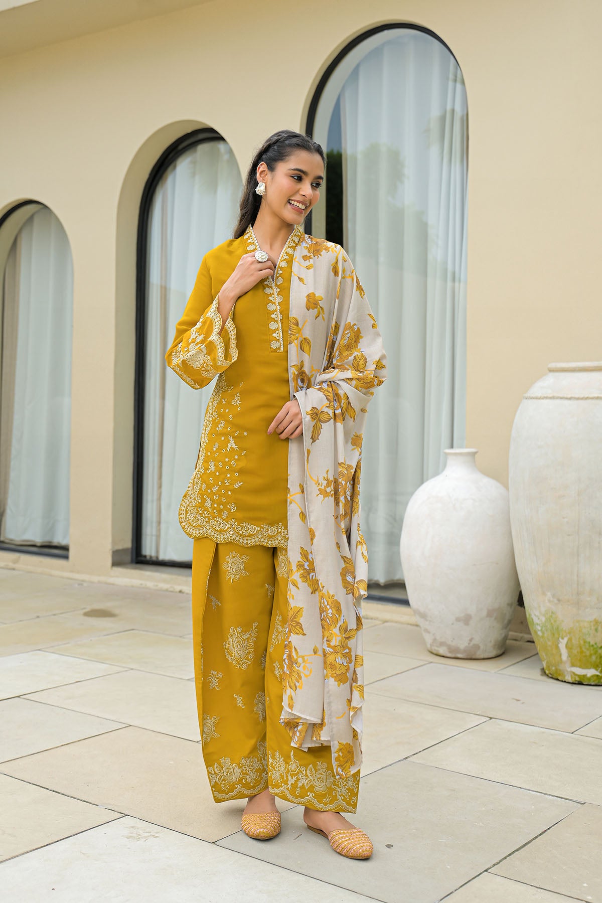 Mustard Solid Chanderi Embroidered Farsi Salwar Set
